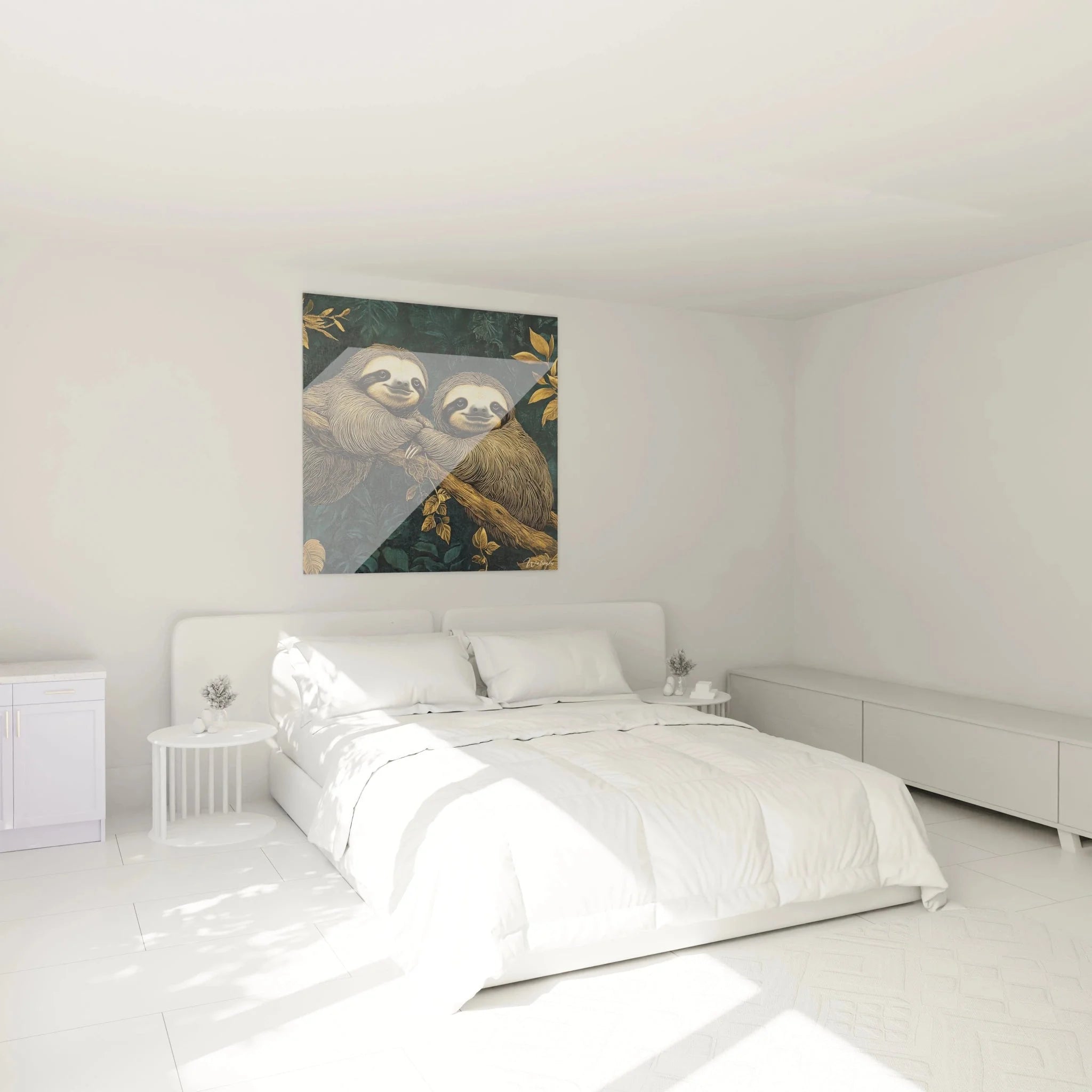 Faultier Wandbild Paar als Schlafzimmerdekoration in warmen Erdtönen an der Wand