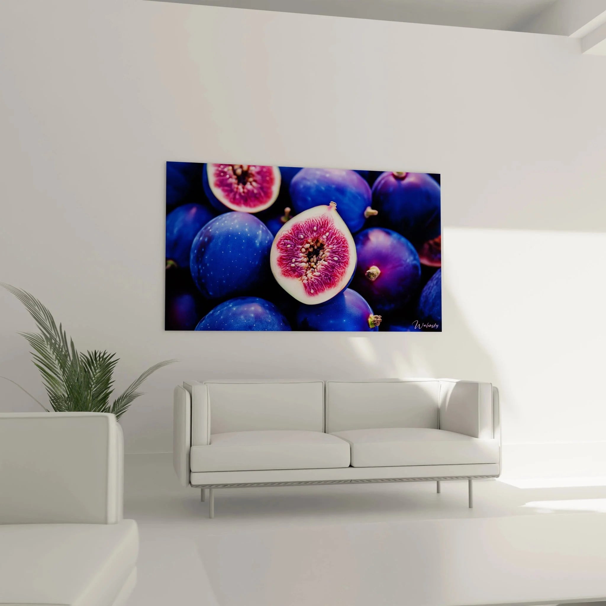 Detailansicht blaue Feigen Wandbild, rotes Fruchtfleisch und Kerne in Nahaufnahme