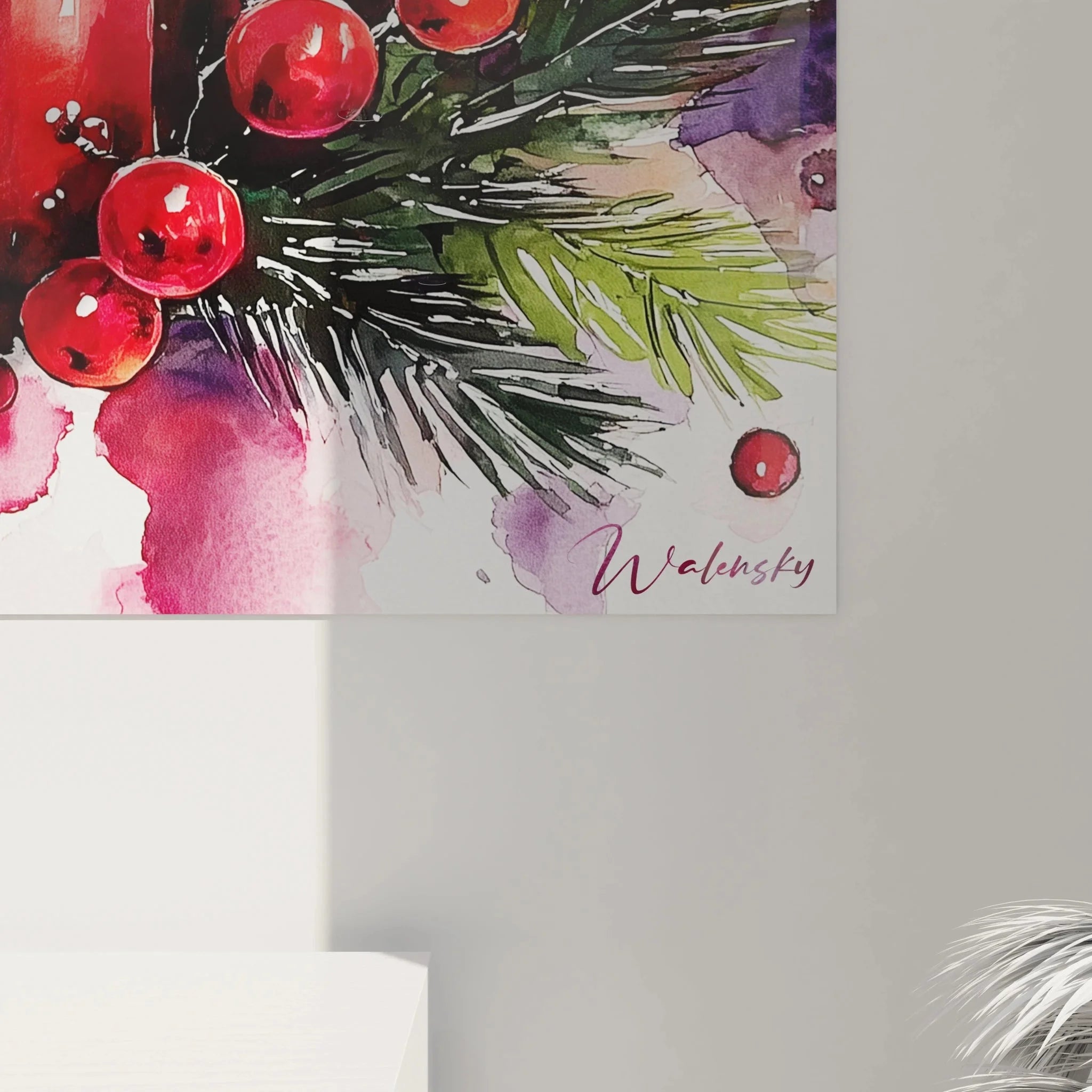 Gesamtansicht festliches Wandbild Weihnachtskerzen mit Tannenzweigen und weihnachtlicher Dekoration