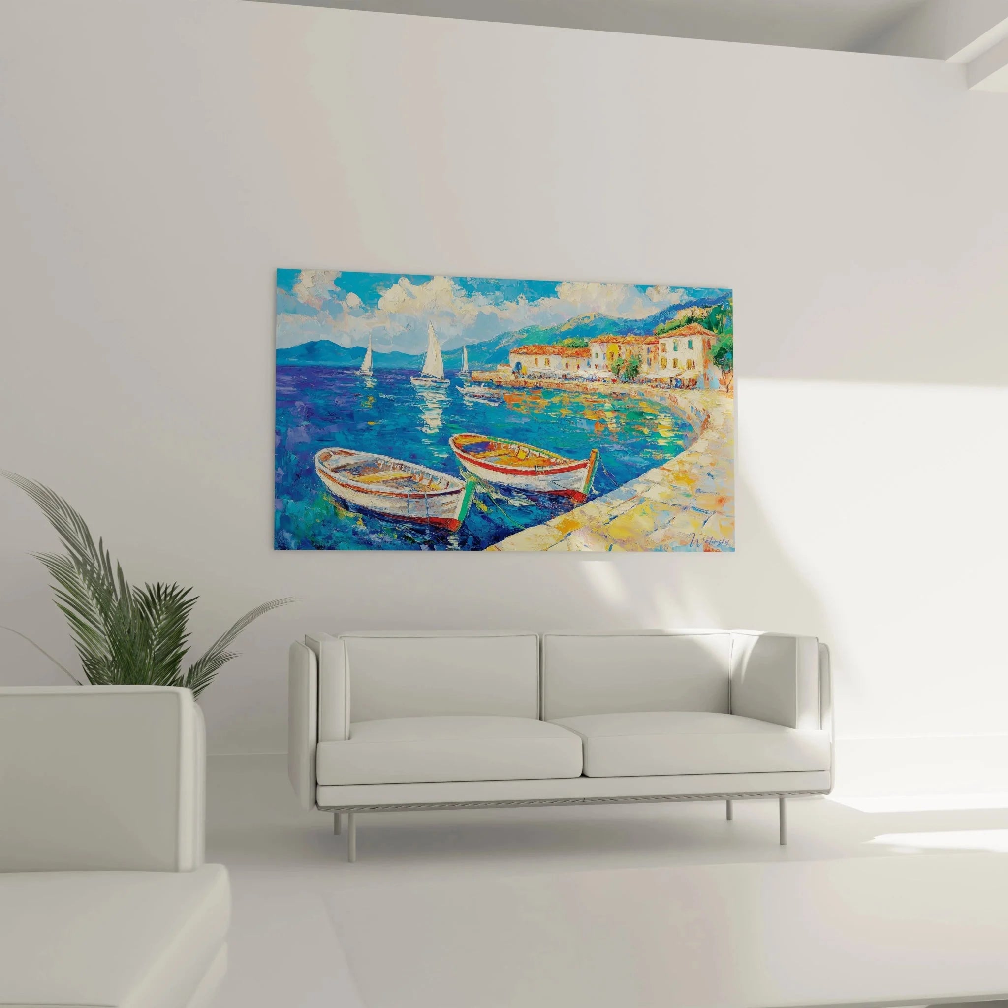 Detailaufnahme Wandbild Fischerboote im mediterranen Hafen mit bunten Reflexionen