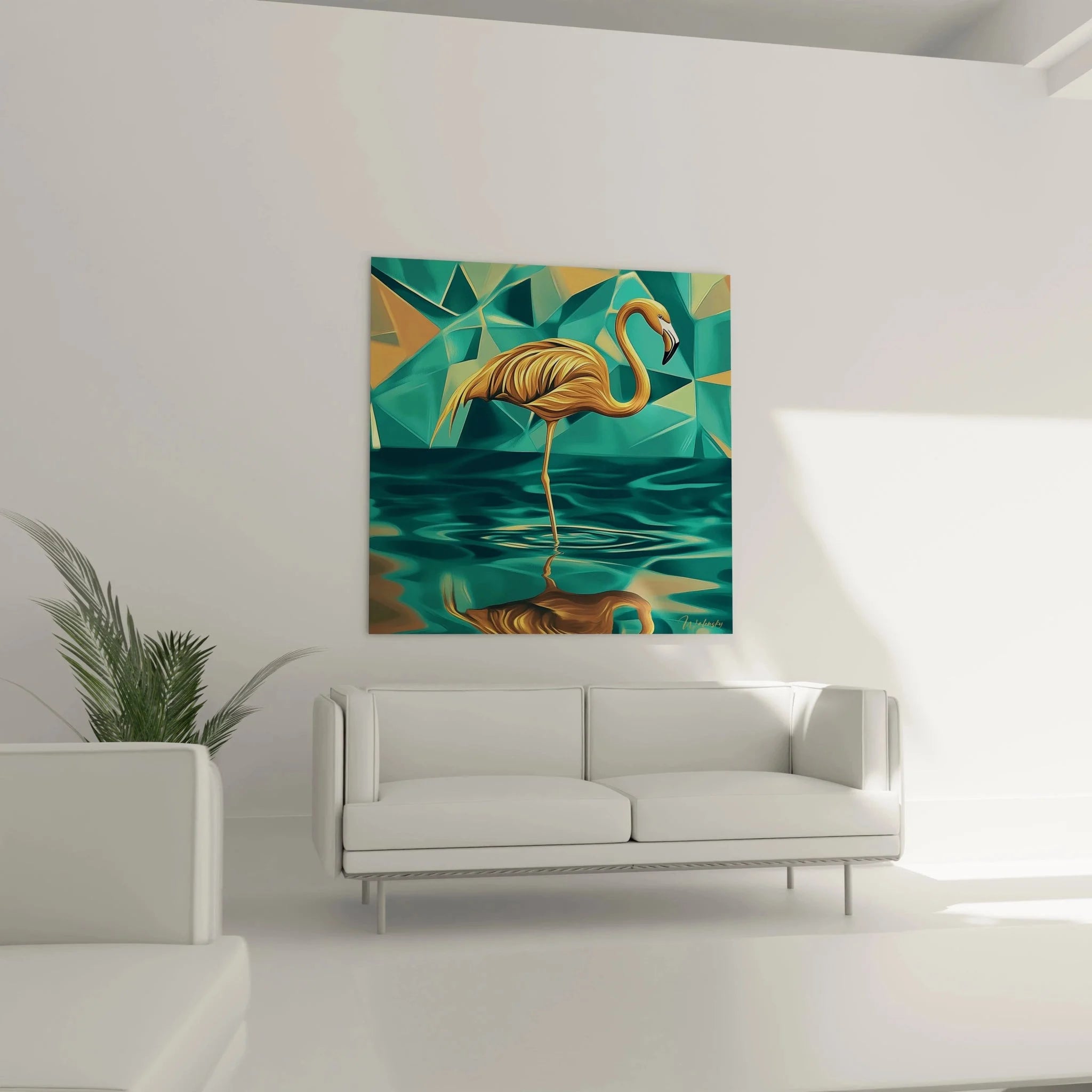 Detailansicht goldener Flamingo Kunstdruck mit türkisen Kristallformen und Federtextur