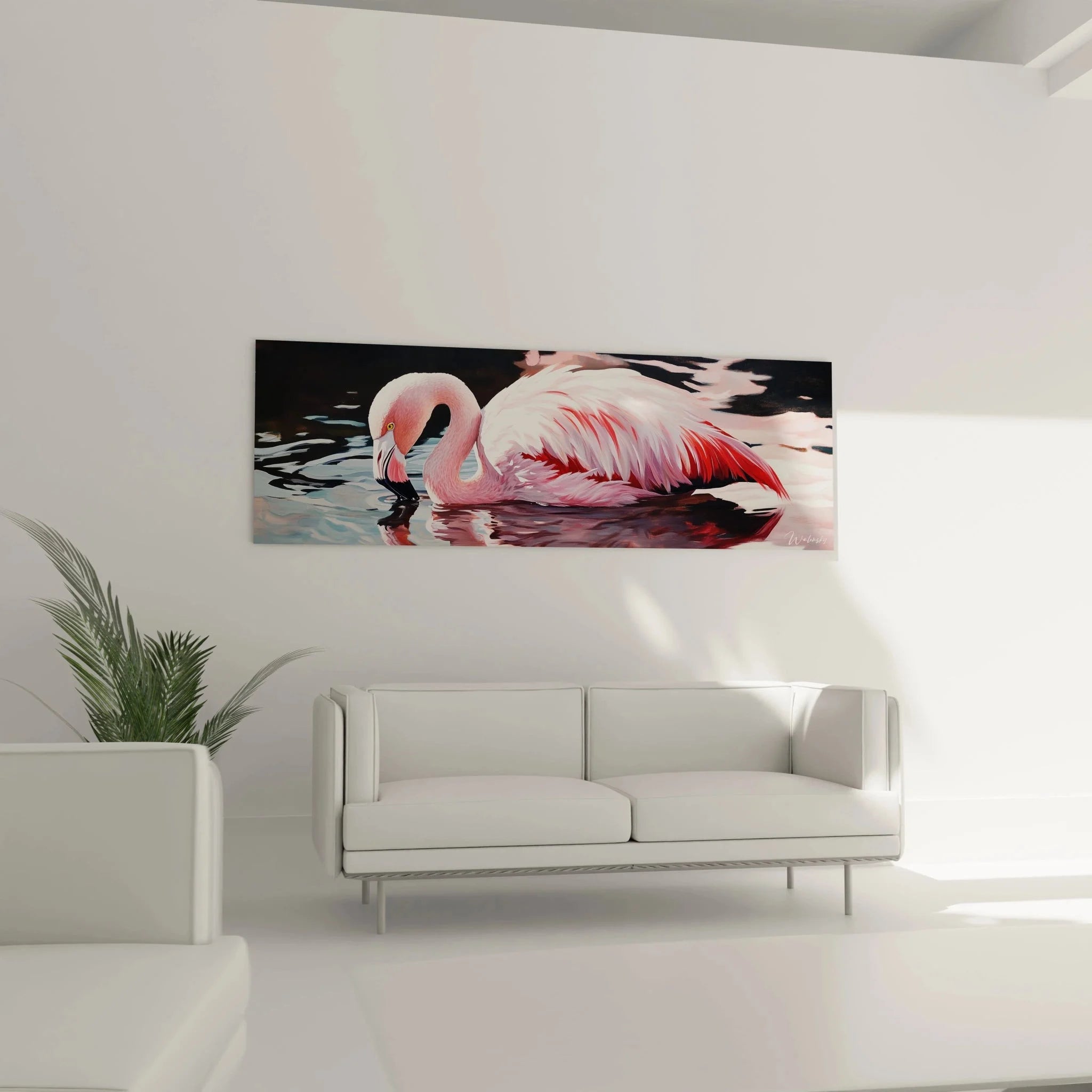 Detailansicht Flamingo Kunstdruck, rosa Federkleid und Wasserspiegelung in Nahaufnahme