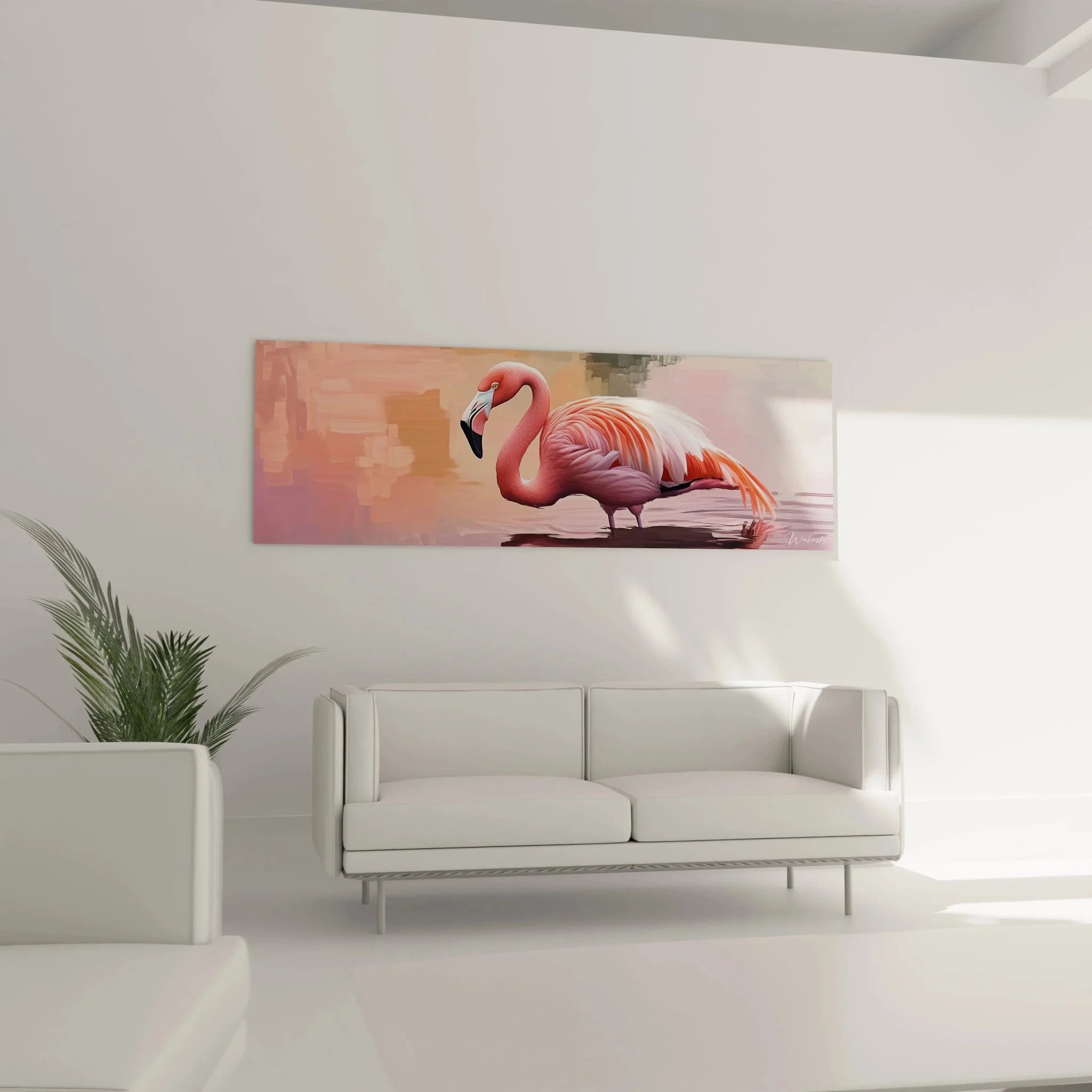 Flamingo Kunstdruck Detailansicht, rosa Federn und elegante Haltung im Nahaufnahme