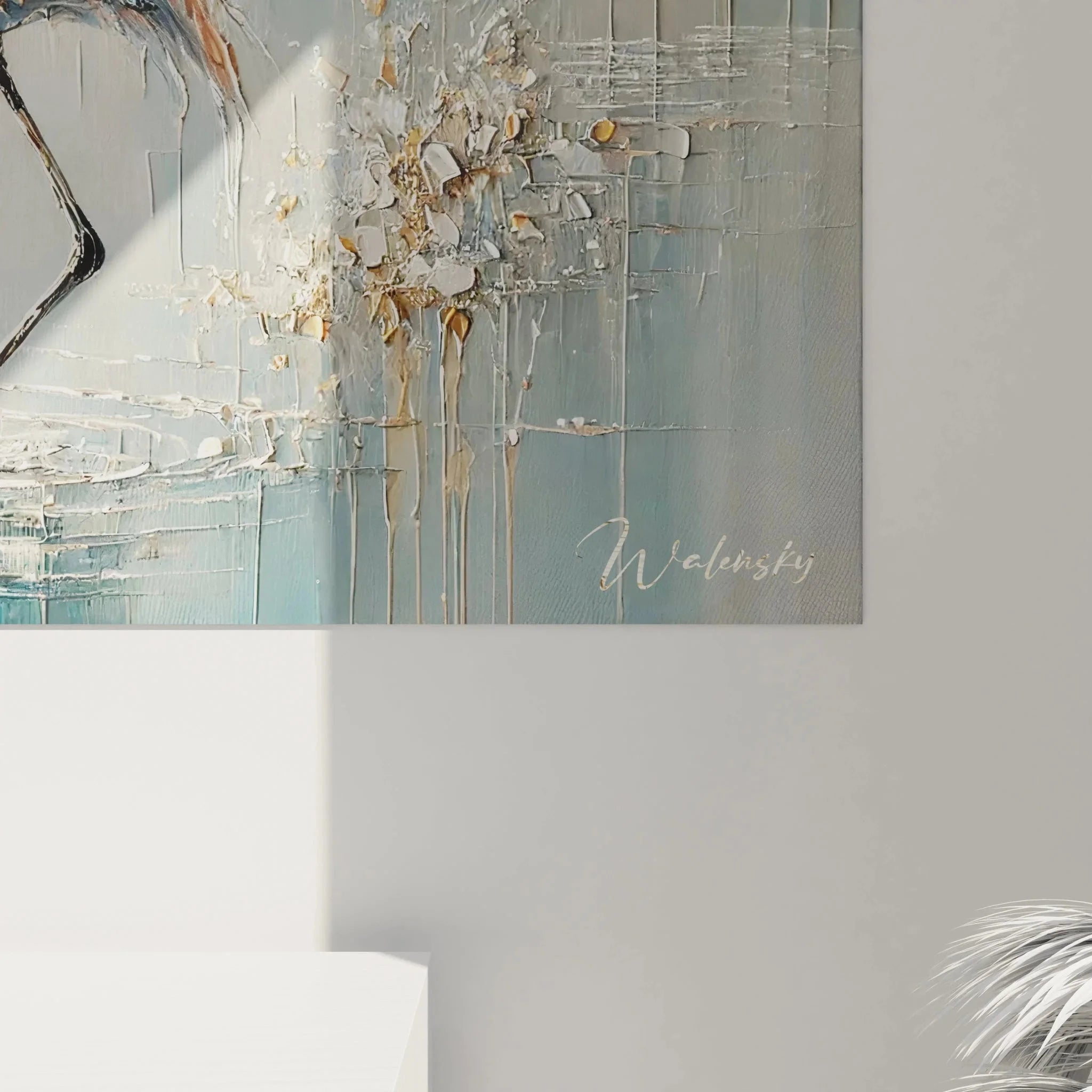 Gesamtansicht Flamingo Leinwand - Vollständige Darstellung des abstrakten Flamingo Wandbildes in XXL Format