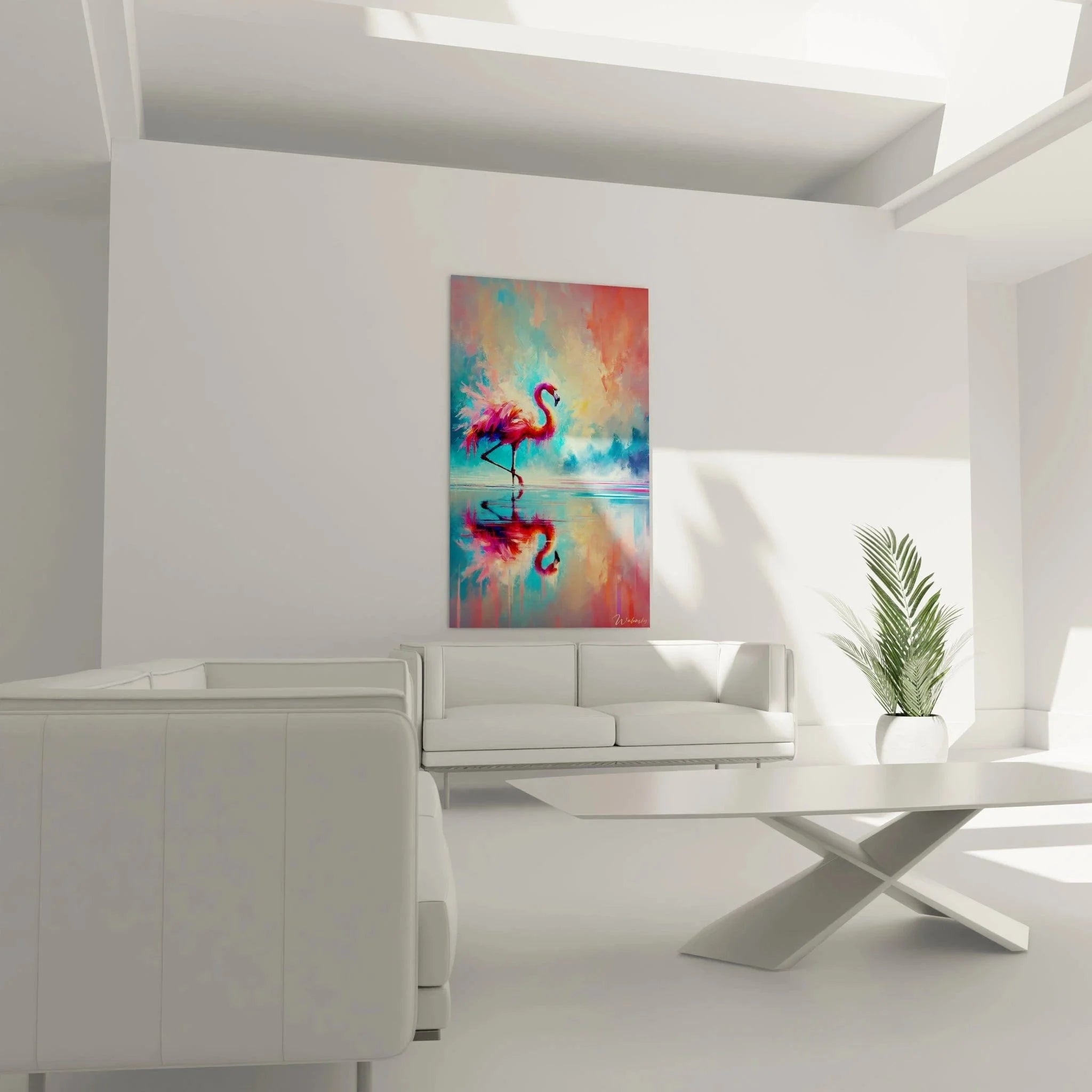 Detailansicht Flamingo Wandbild zeigt abstrakte Pinselstriche und intensive Farbverläufe in Rosa und Türkis