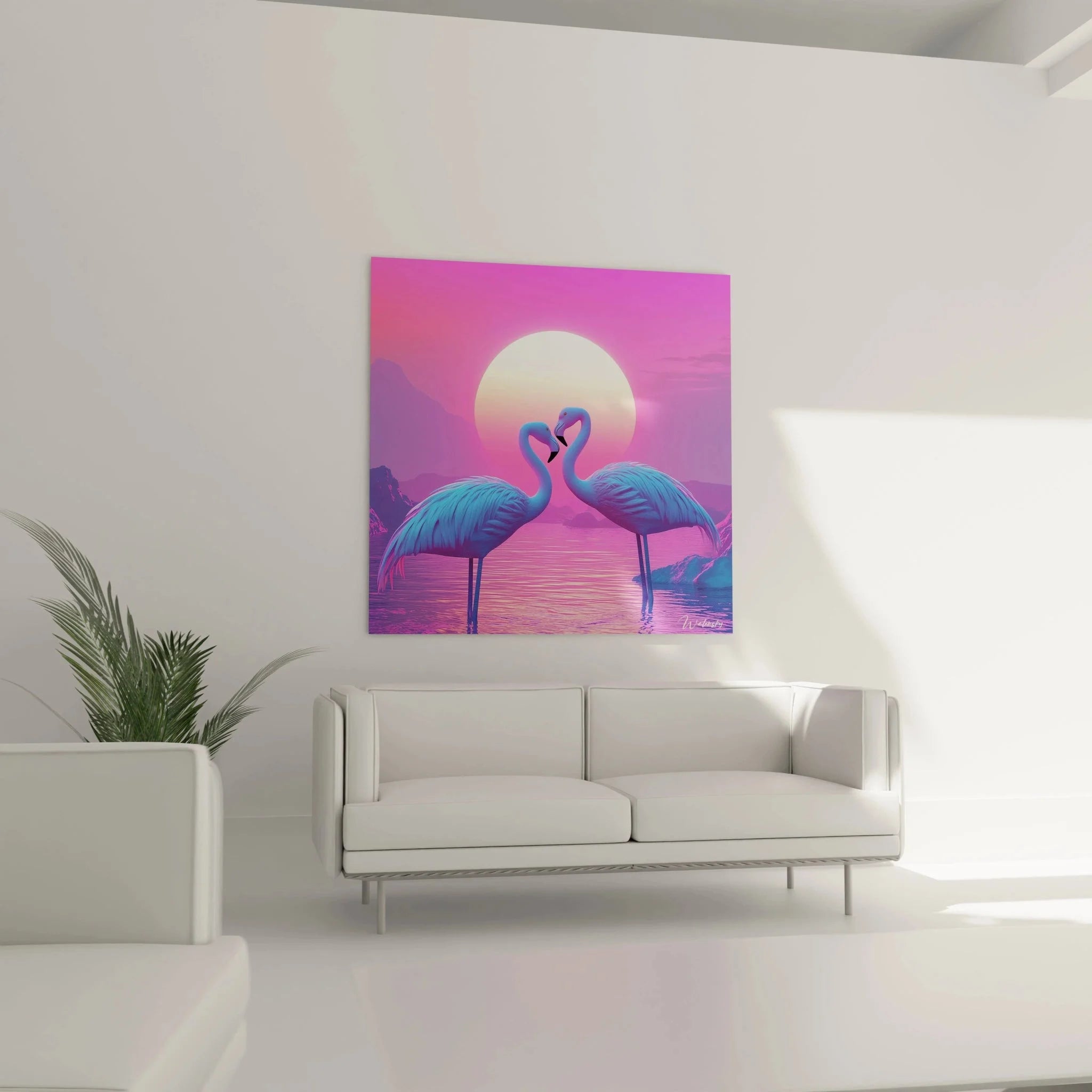 Detailansicht der blauen Flamingo Köpfe im romantischen Wandbild mit leuchtenden Farben