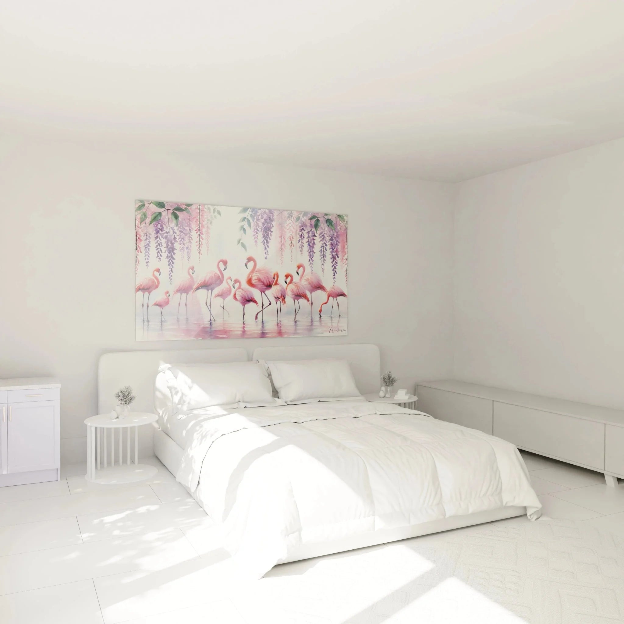 Flamingo Wandbild im Schlafzimmer rosa Wisteria Blüten Dekoration Leinwand XXL