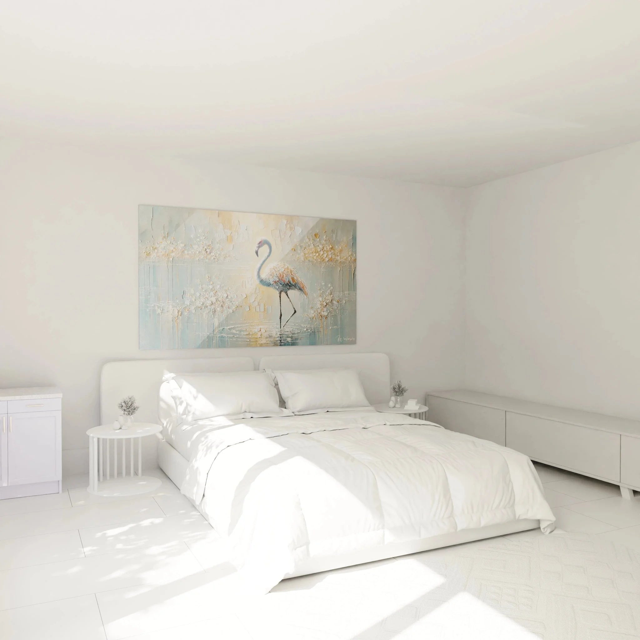 Flamingo Wandbild XXL im Schlafzimmer - Abstrakte Flamingo Kunst als stilvolle Wanddekoration