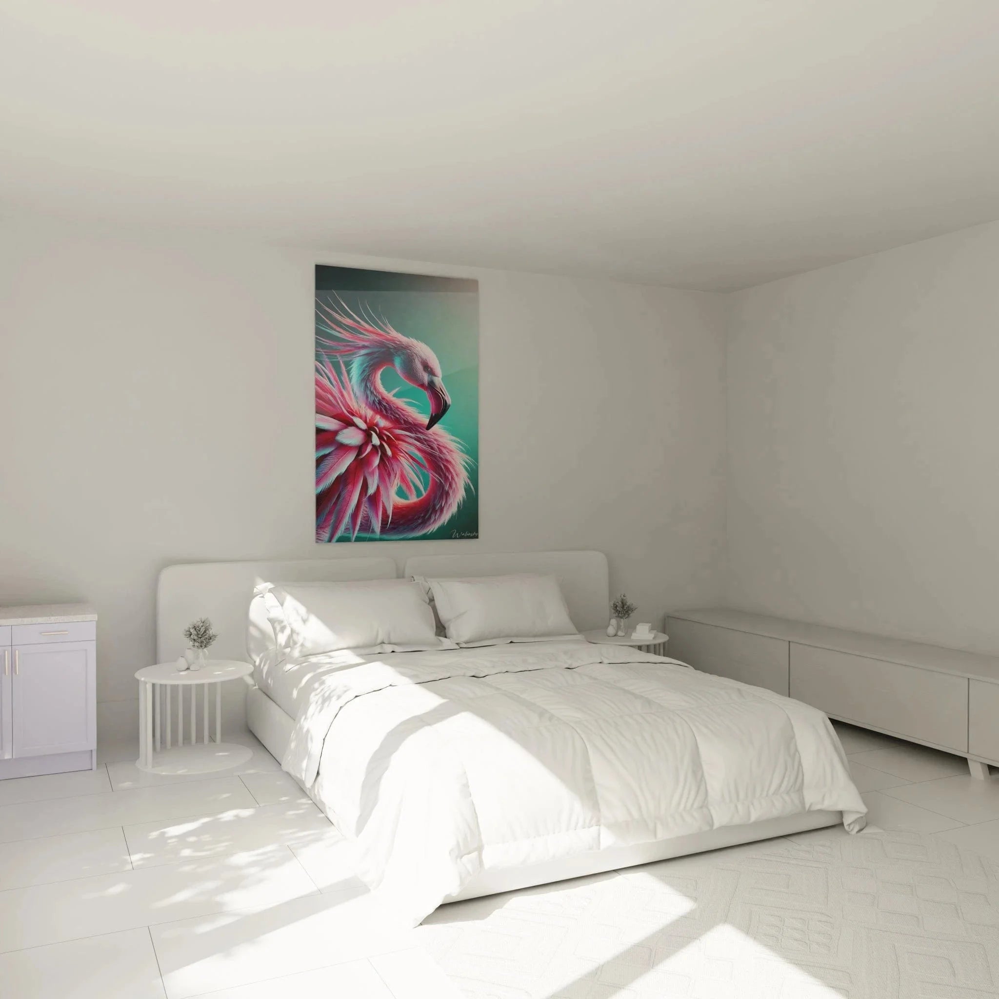 Flamingo Wandbild XXL in modernem Schlafzimmer mit wirbelnden Federn als stilvolle Wanddekoration