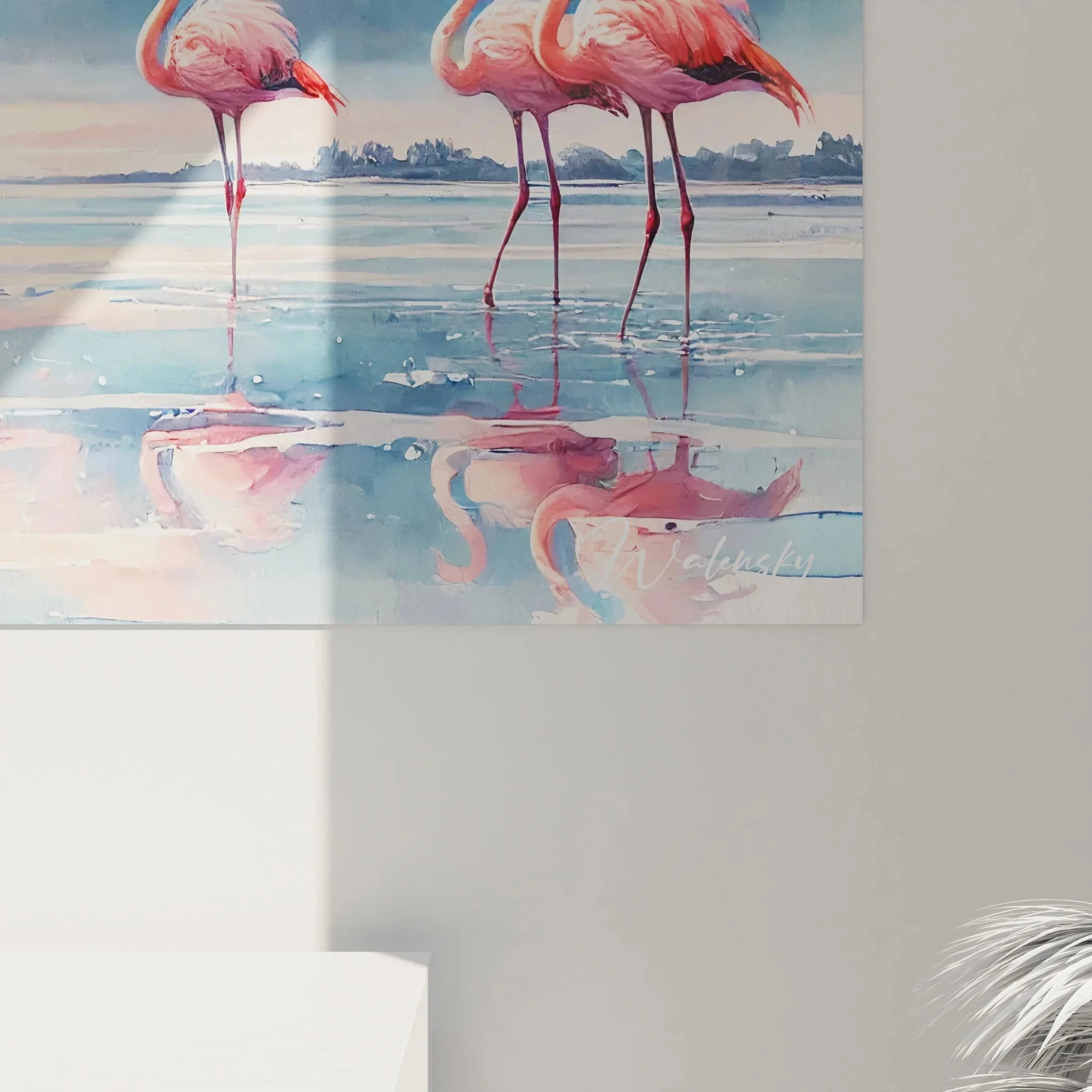 Gesamtansicht Flamingo Poster XXL - neun Flamingos am Strand mit dramatischem Himmel