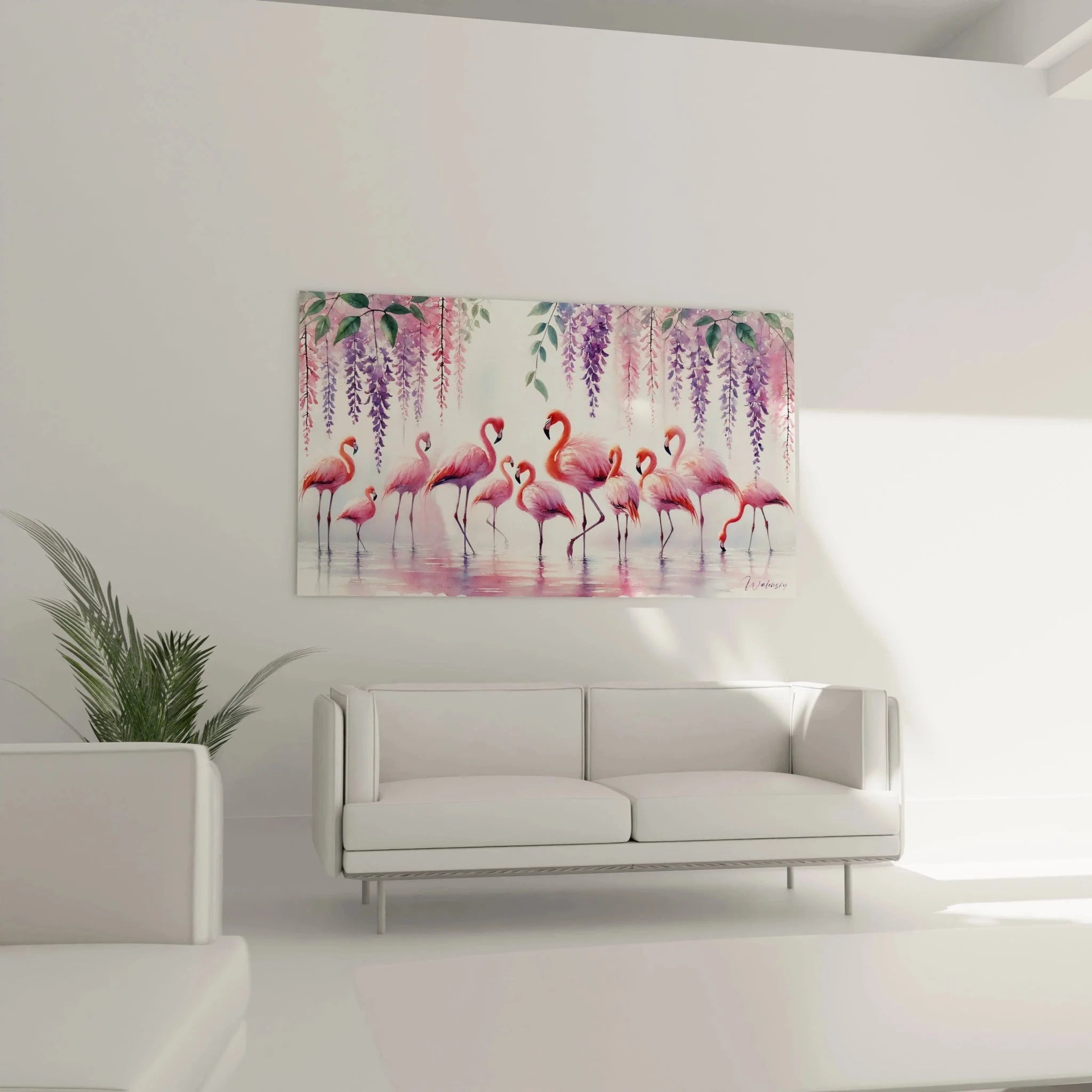 Nahaufnahme Flamingo Wanddeko rosa Gefieder unter Wisteria Blüten Leinwanddruck Detail