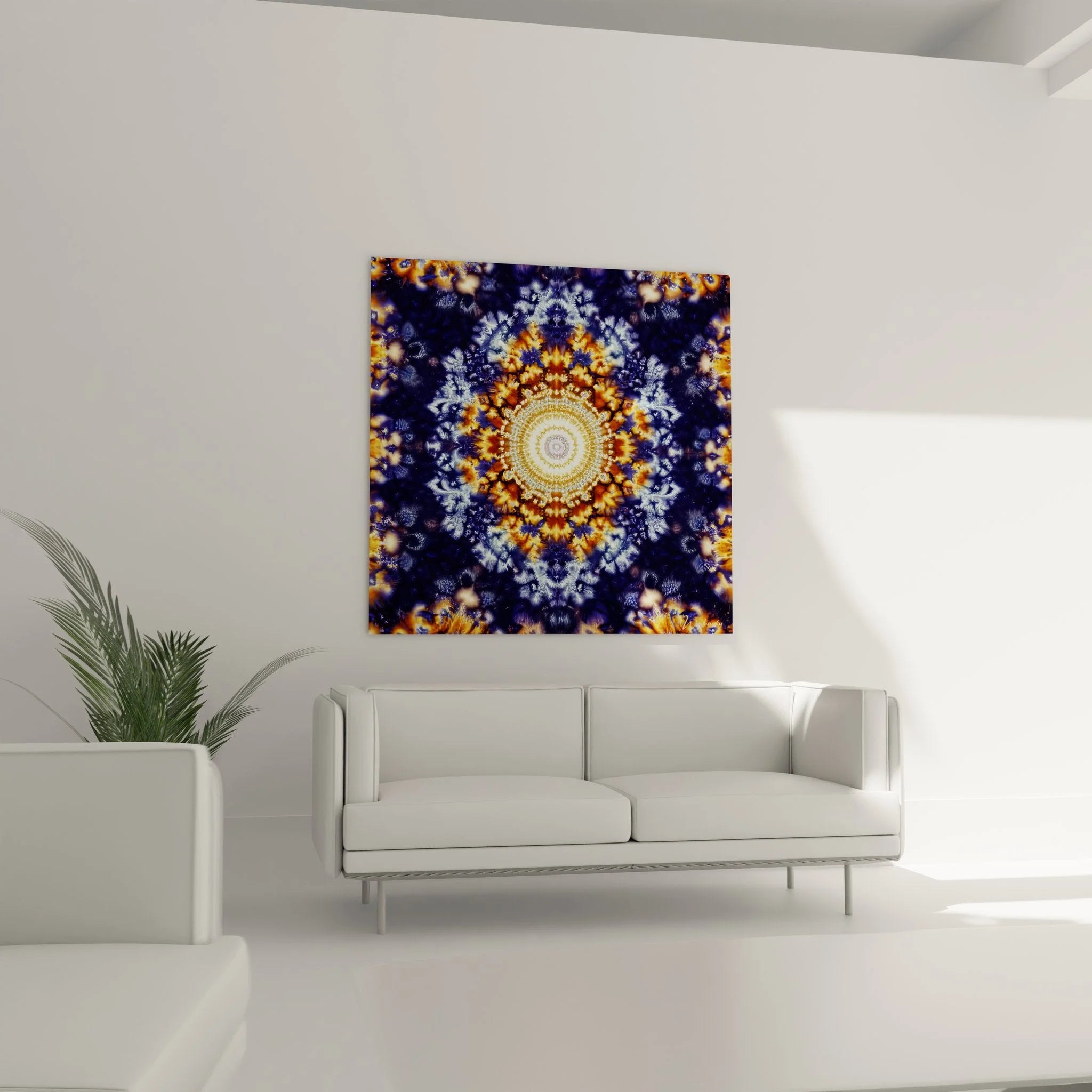 Detailaufnahme Fraktal Wandbild zeigt komplexe geometrische Strukturen und leuchtende Farbverläufe