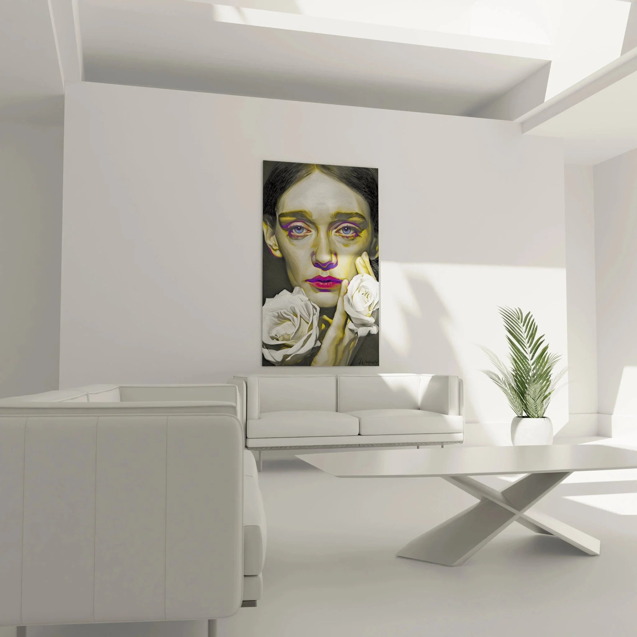 Detailansicht hyperrealistisches Frauenporträt mit violetten Akzenten und weißen Rosen Nahaufnahme