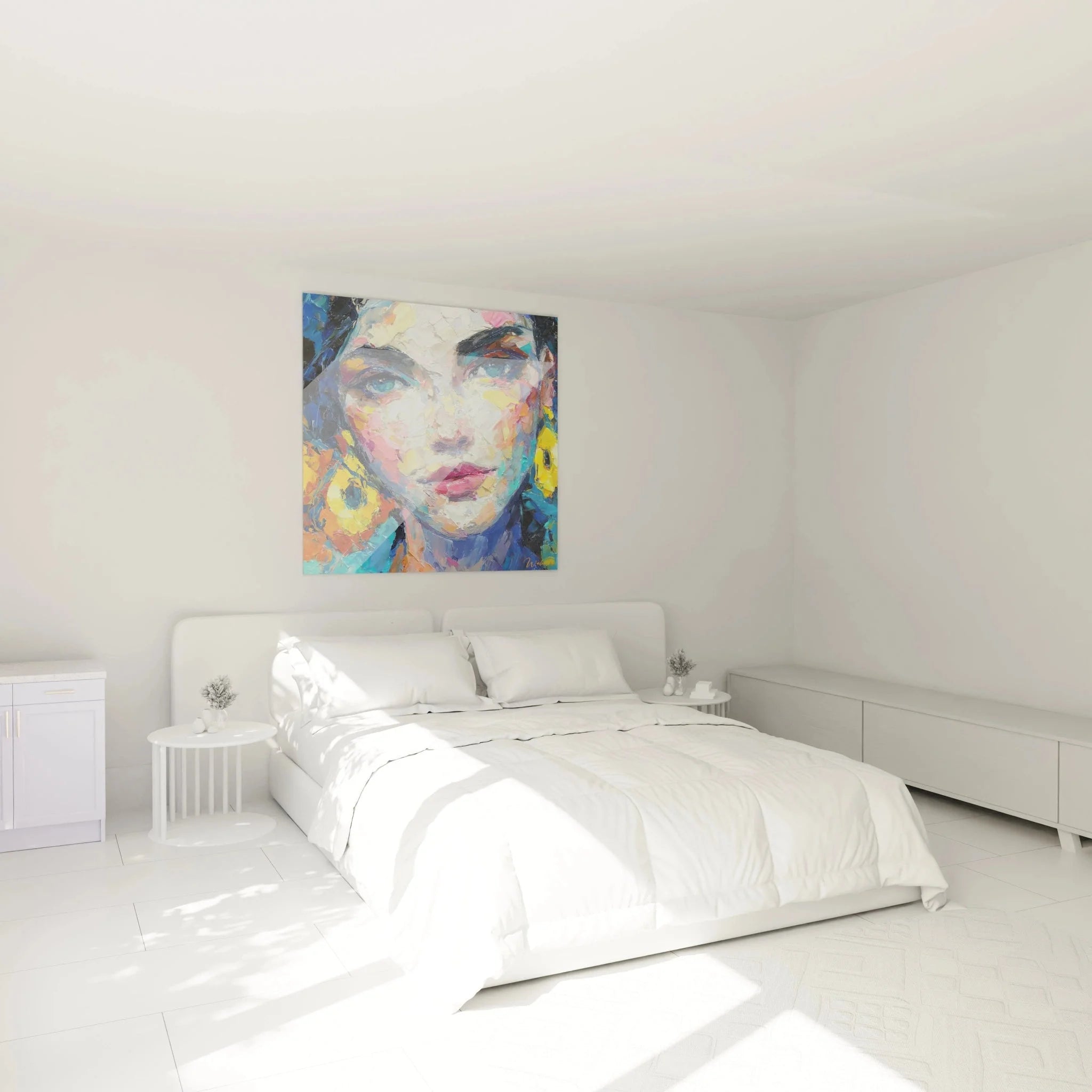 Buntes Frauenportrait Wandbild XXL in modernem Schlafzimmer als stilvolle Wanddekoration
