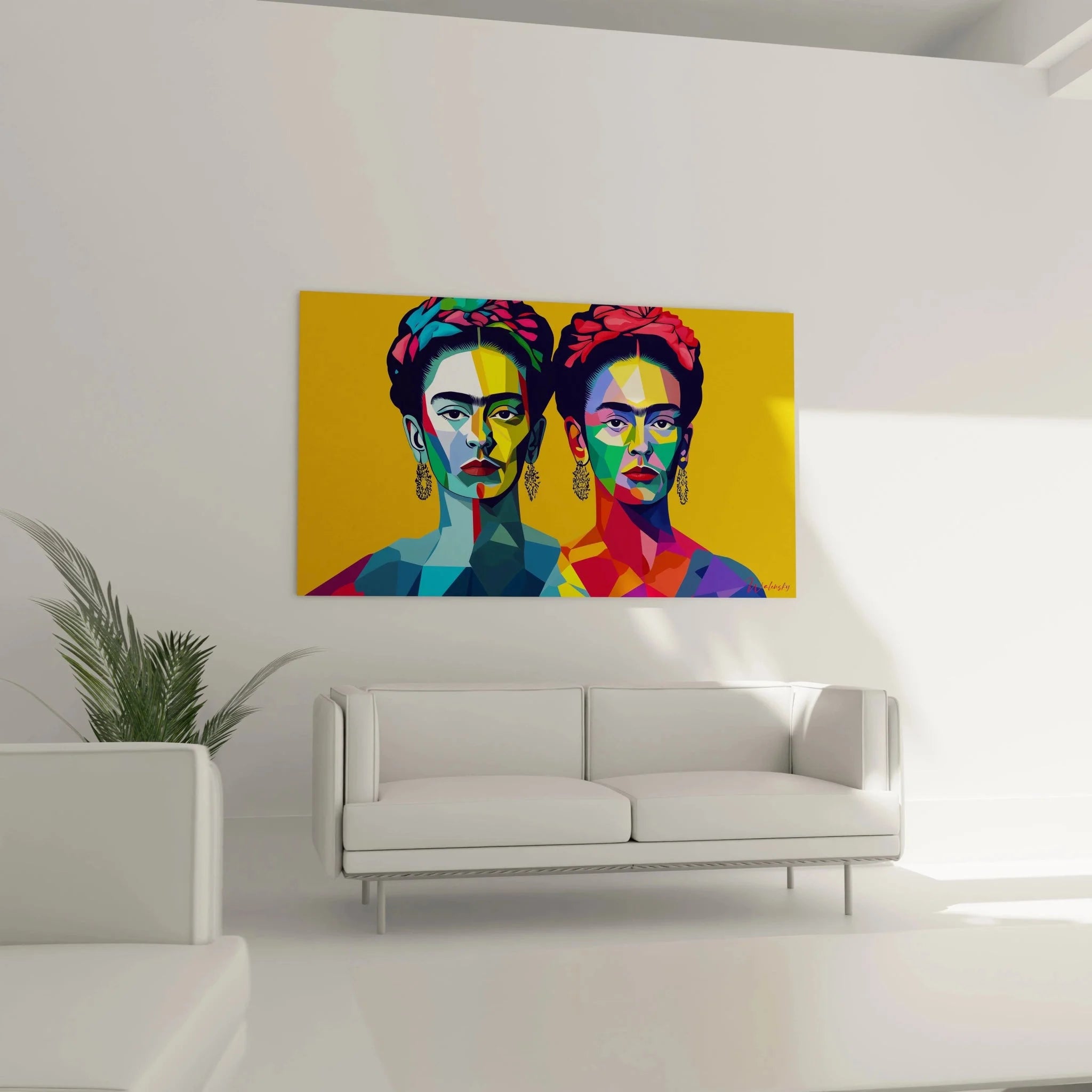 Frida Kahlo Portrait Nahaufnahme geometrische Facetten Pop Art Stil bunte Farbpalette Detail