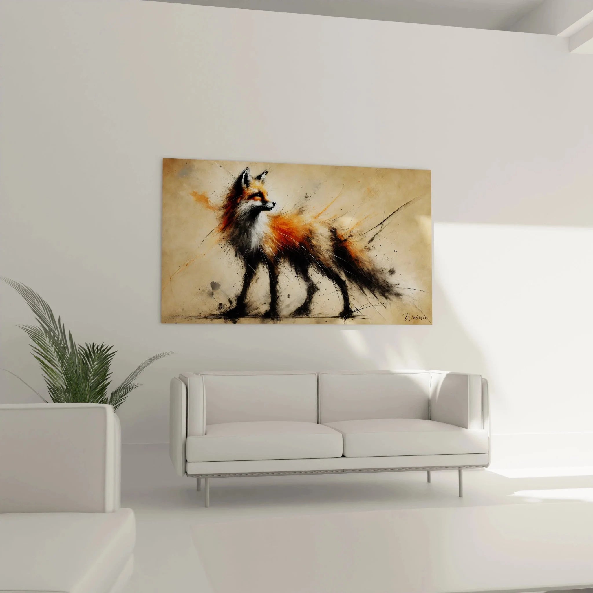 Detailaufnahme Wandbild Fuchs - kunstvolle Aquarell Technik mit lebendigen Farben und Pinselstrichen