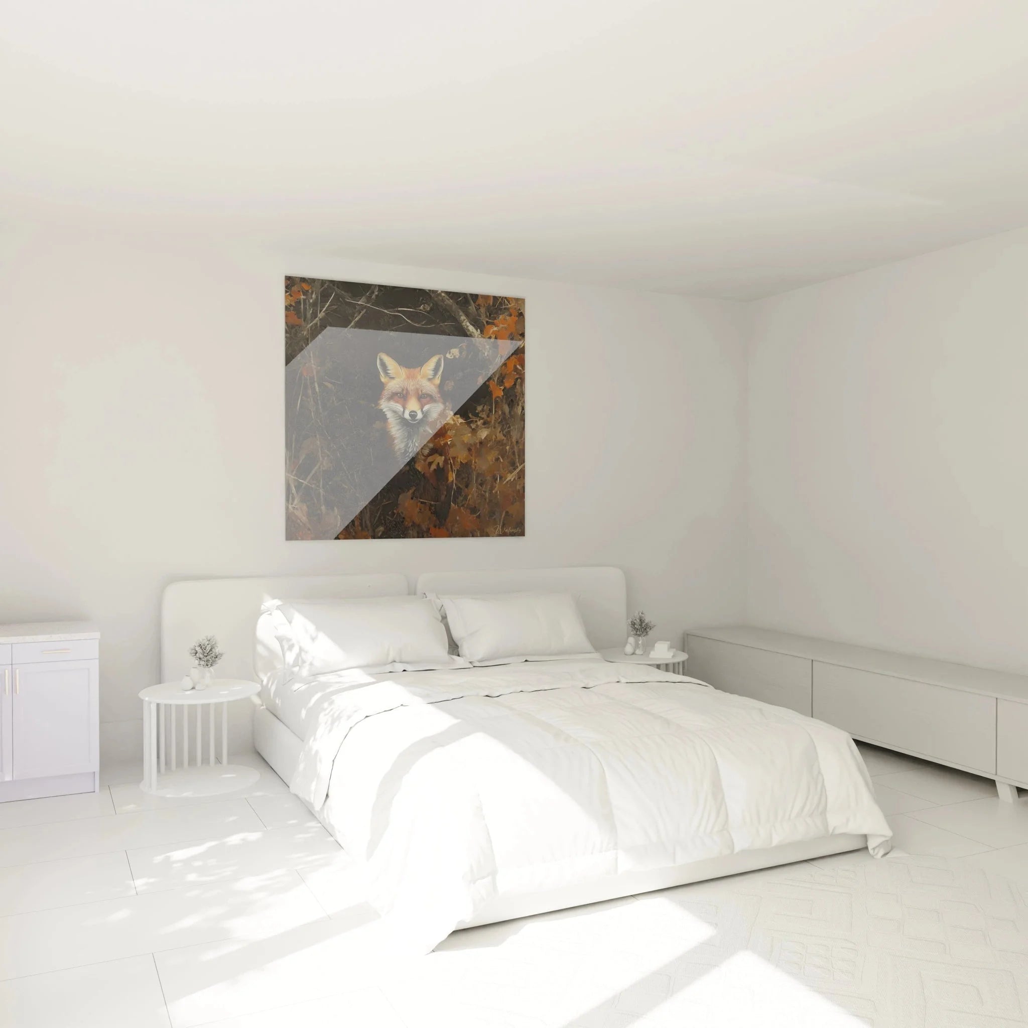 Fuchs Kunstdruck XXL in modernem Schlafzimmer als stilvolle Wanddekoration