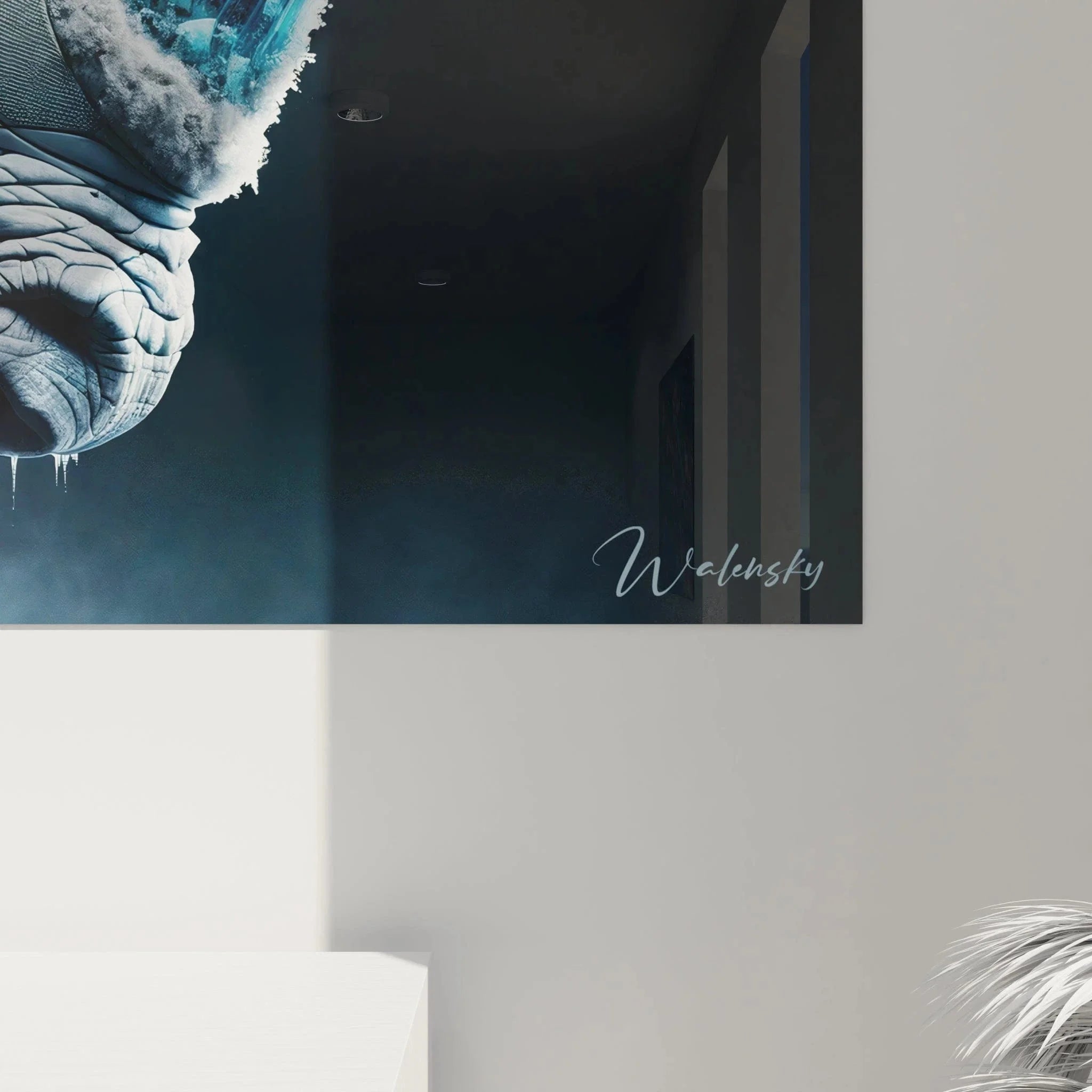 Gesamtansicht des futuristischen Roboter Nashorn Kunstwerks als Wandbild