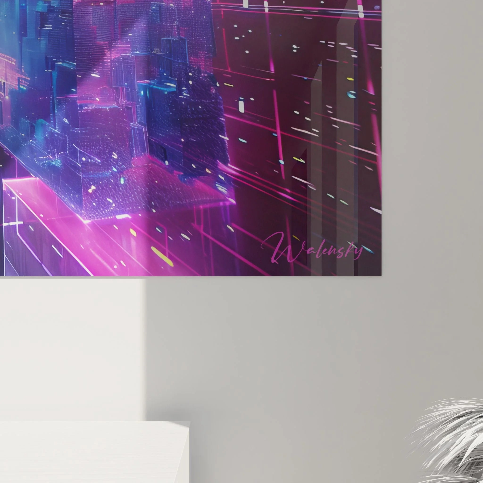 Gesamtansicht futuristisches Wandbild Cyberpunk Stadtlandschaft, abstrakte digitale Matrix-Welt in XXL Format