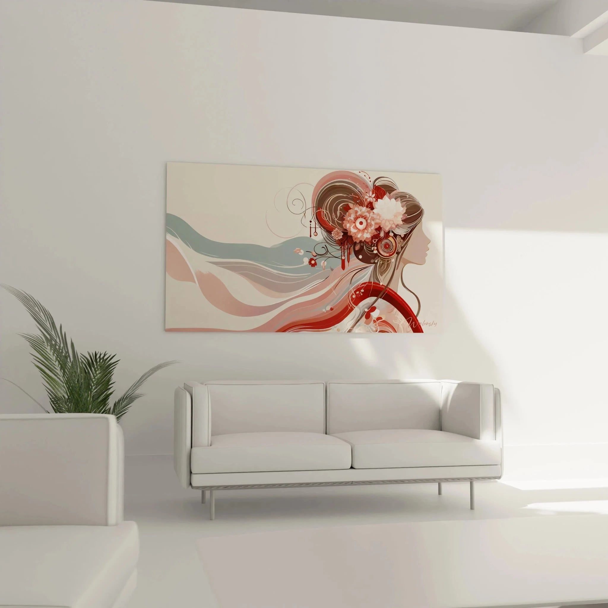 Detailansicht Geisha Wandbild - kunstvolle Blütenfrisur und ornamentale Verzierungen im japanischen Stil