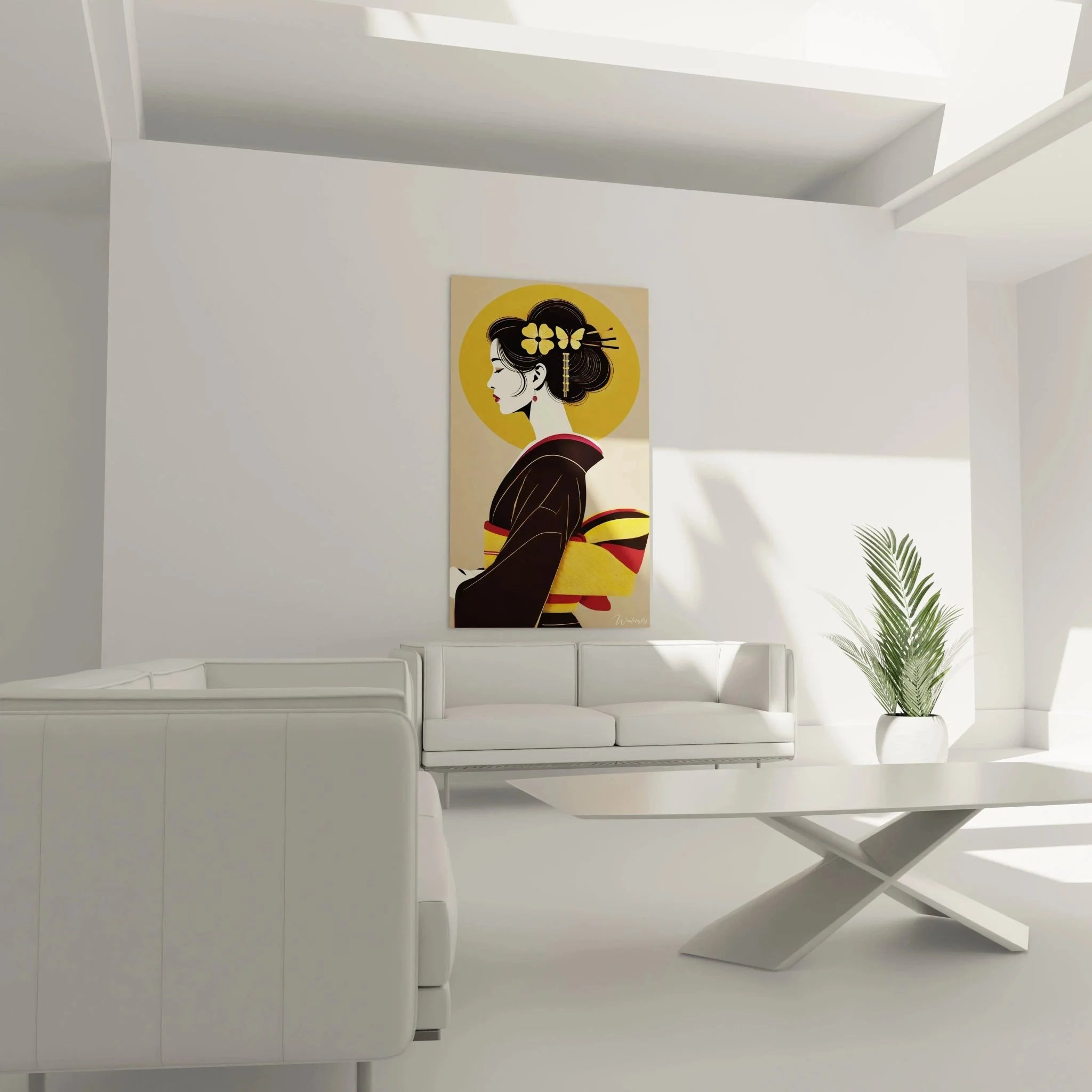 Detailansicht Geisha Wandbild mit kunstvollen Haarschmuck und traditioneller Schminke