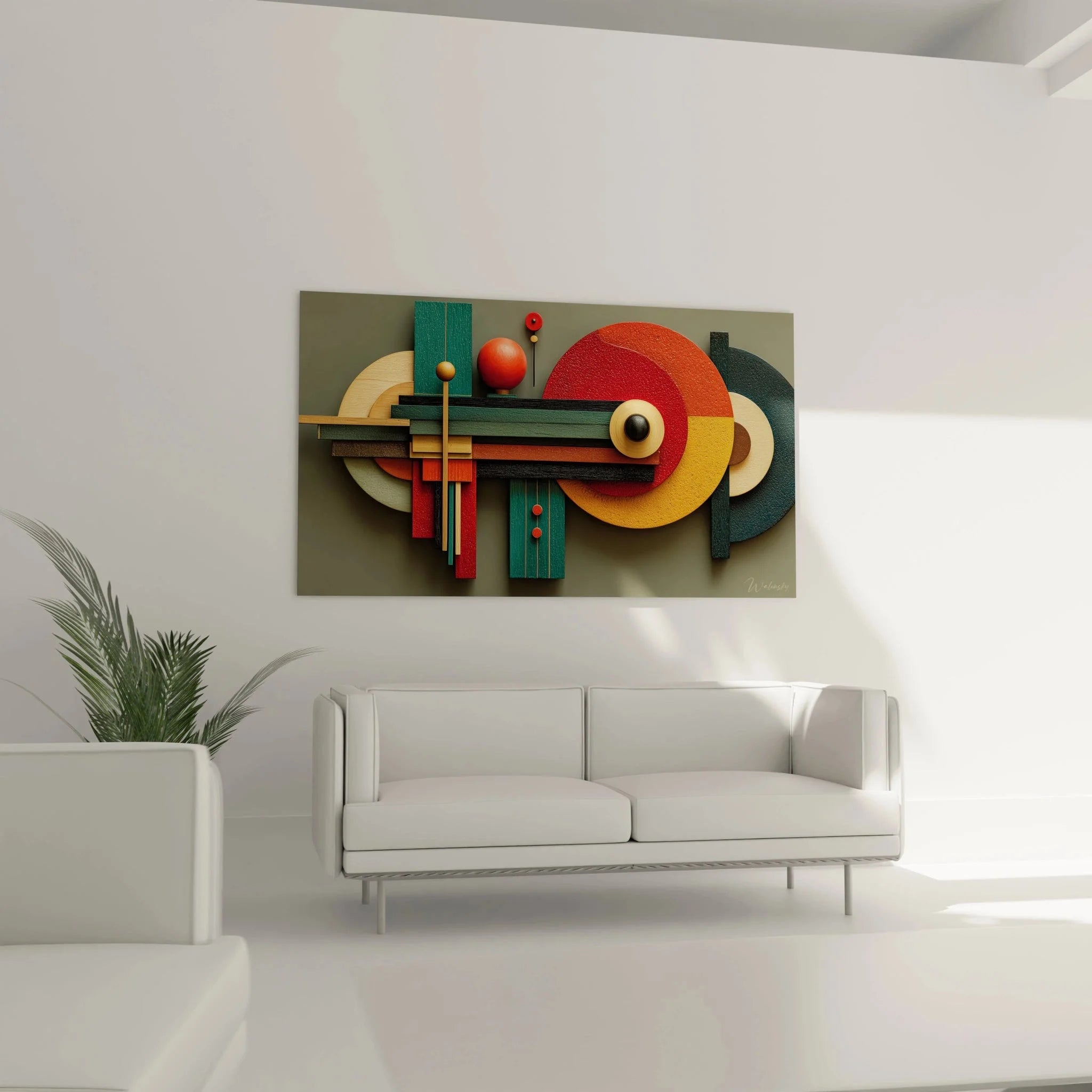 Detailansicht der geometrischen Formen und Farbkontraste im abstrakten Bauhaus Wandbild Komposition