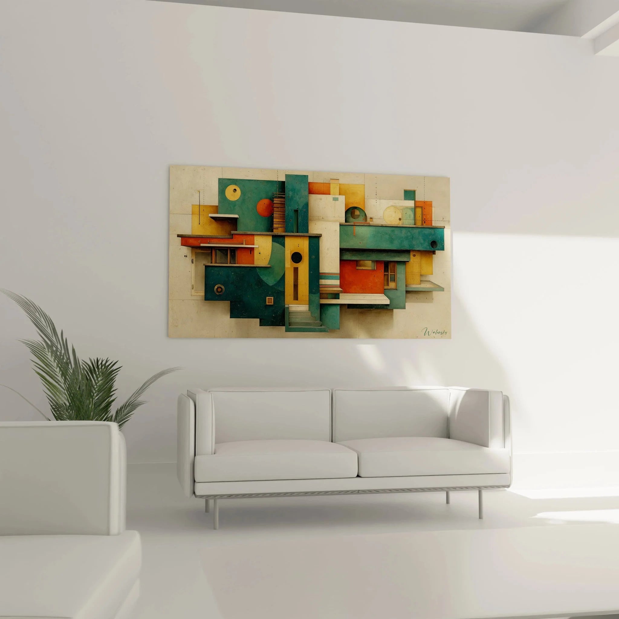 Detailansicht Wandbild geometrische Formen Bauhaus Design kreisförmige Elemente Treppen
