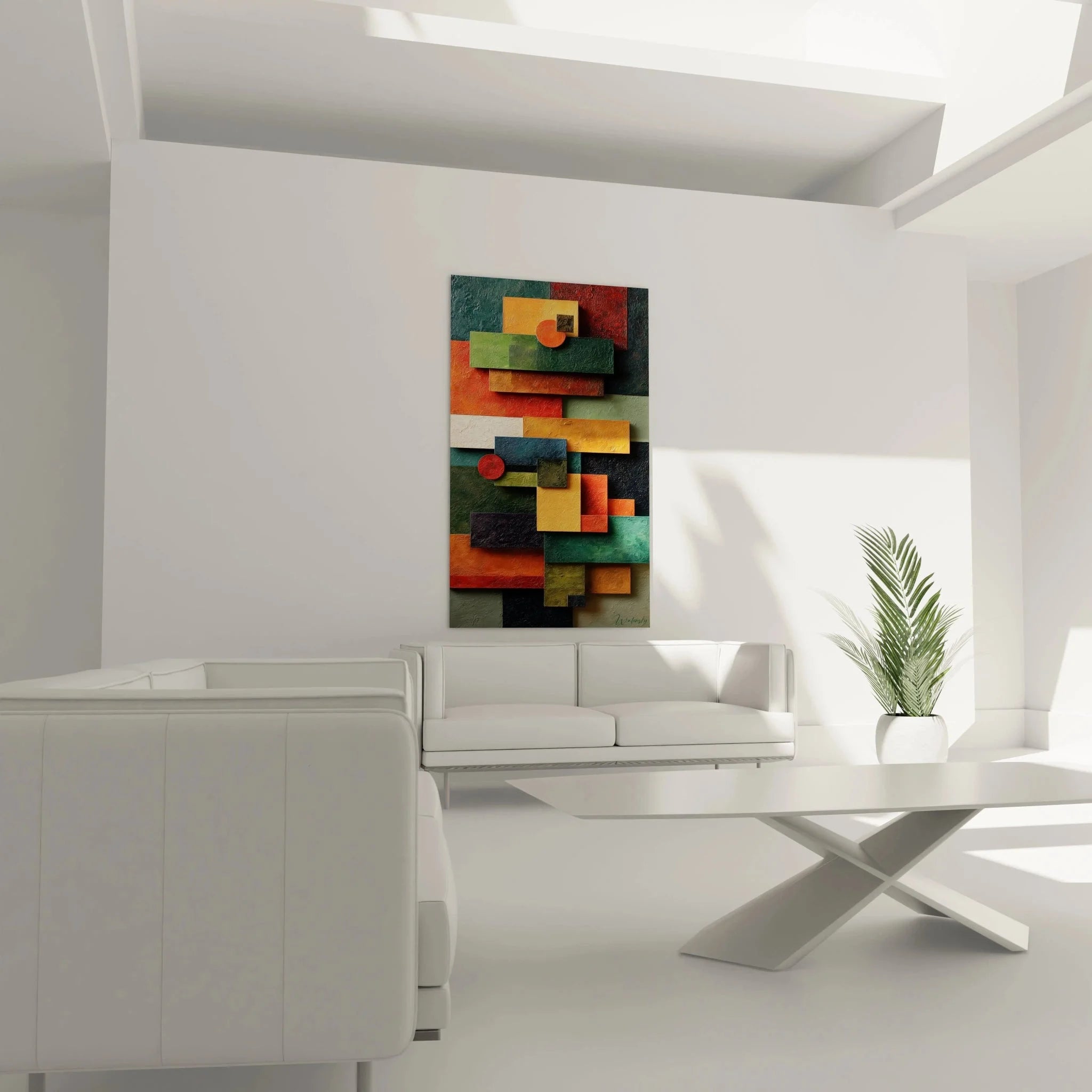 Detailansicht geometrische Wandkunst Bauhaus mit strukturierter Oberfläche und Farbverläufen