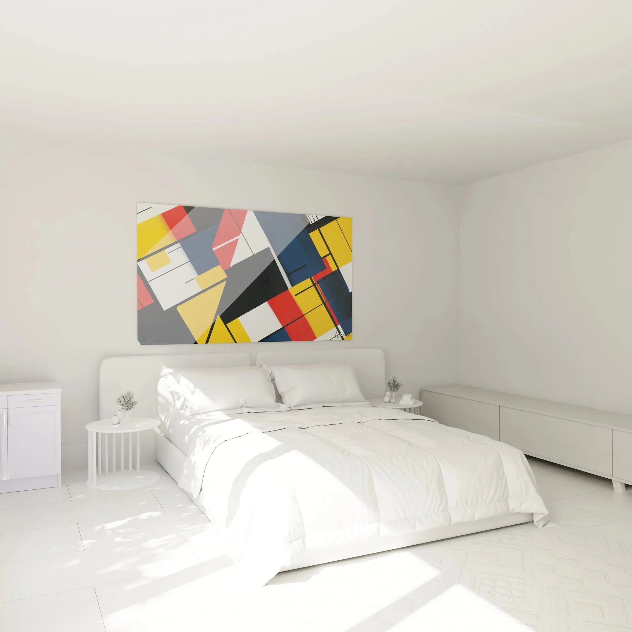 Abstrakte geometrische Wandkunst Mondrian Stil in modernem Schlafzimmer Ambiente Wanddekoration