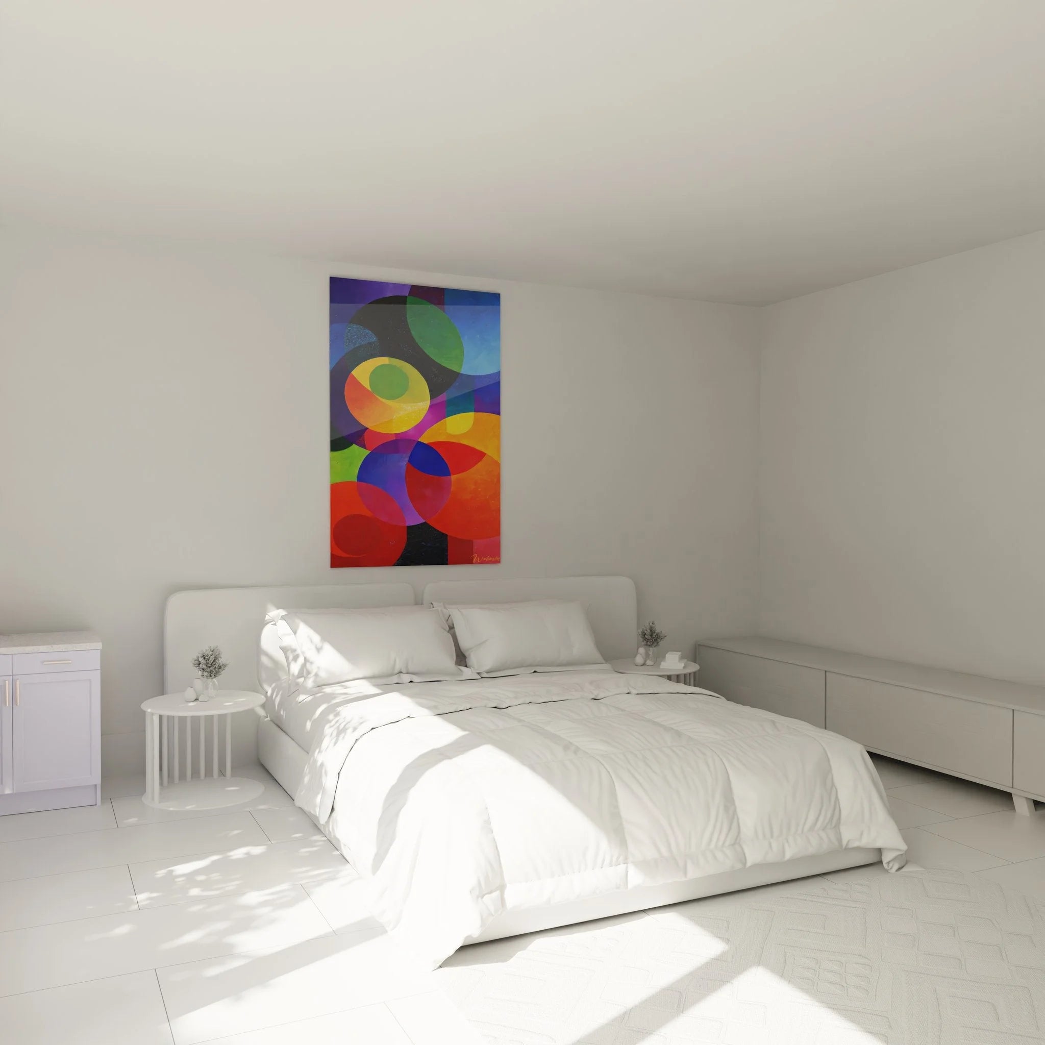 Geometrisches Wandbild mit abstrakten Kreisen im Schlafzimmer - moderne Einrichtung mit Farbakzenten
