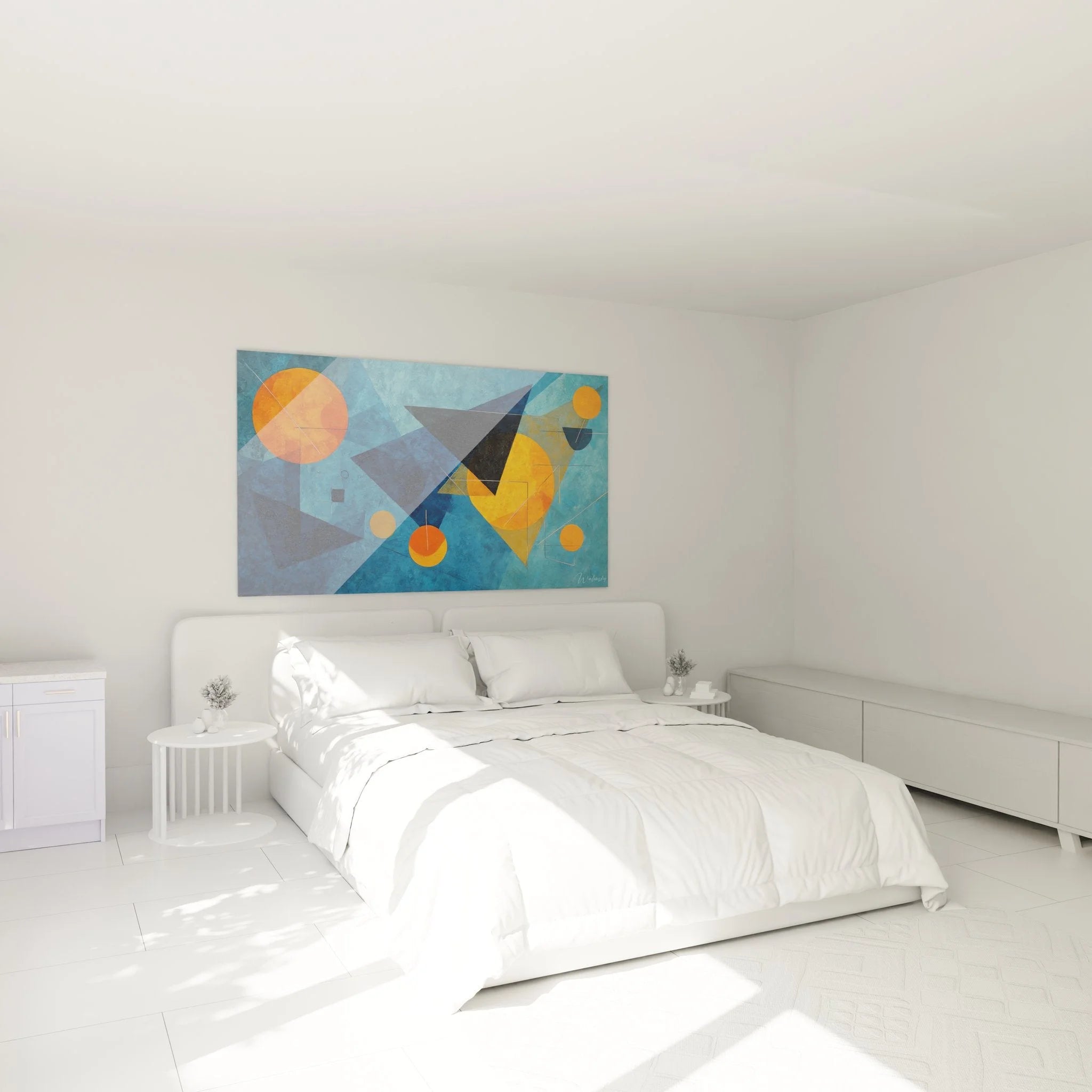Geometrisches Wandbild in Schlafzimmer Ambiente mit blauen und orangen abstrakten Formen