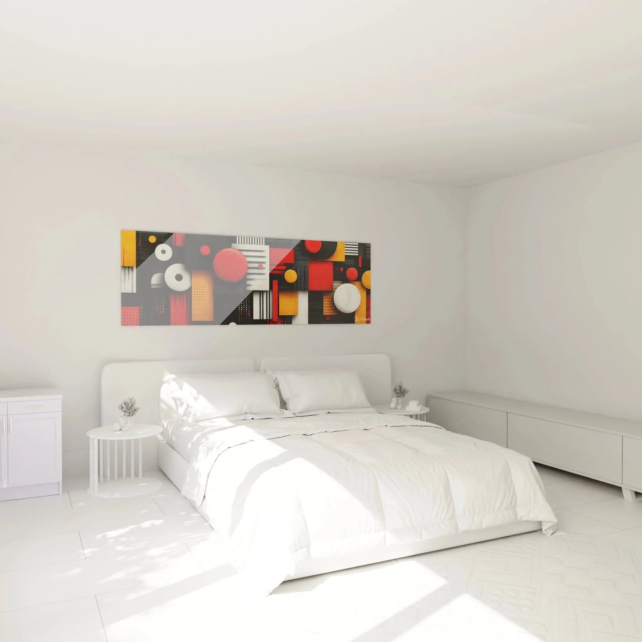 Geometrisches Wandbild XXL abstrakt in Schlafzimmer-Ambiente mit roter und oranger Farbgebung