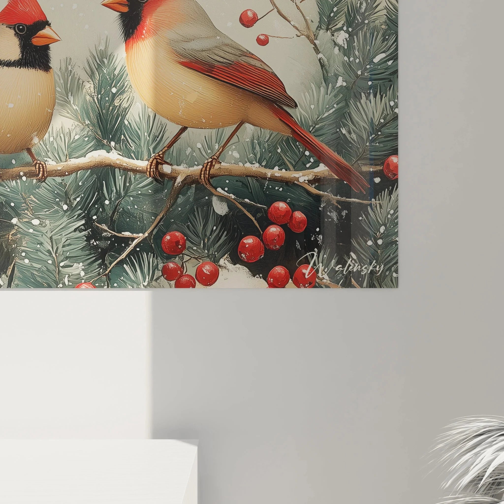 Gesamtansicht des horizontalen Kardinäle Wandbildes mit winterlicher Vogelfamilie Szene