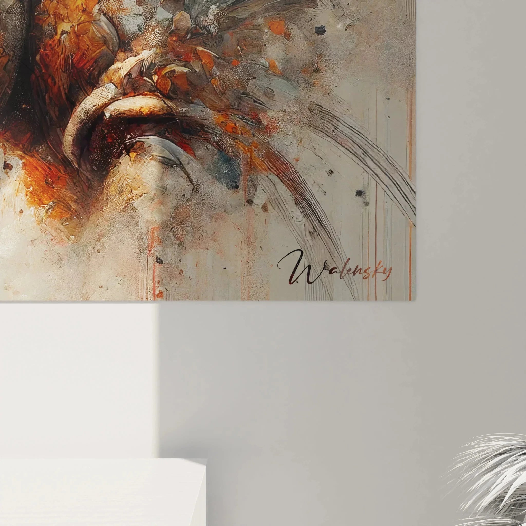 Gesamtansicht modernes Tierwandbild Nashorn mit dynamischer Komposition und Farbspritzern