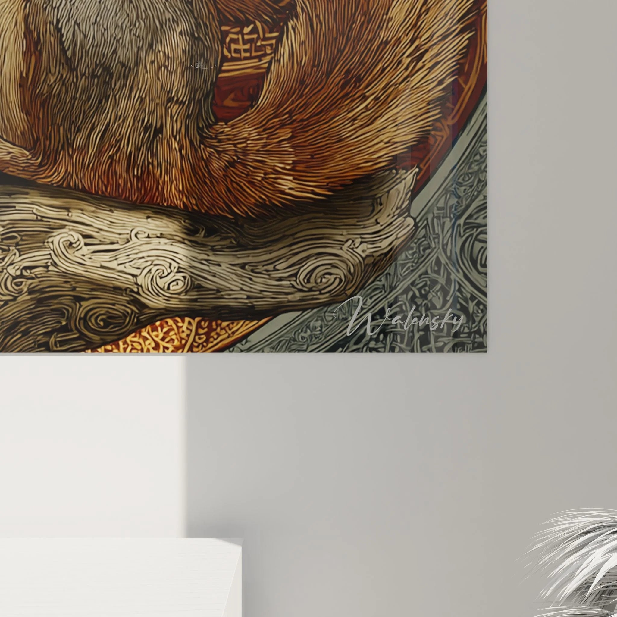 Gesamtansicht Wandbild ornamentales Eichhörnchen mit vollständiger keltischer Ornamentik und Herbstblättern