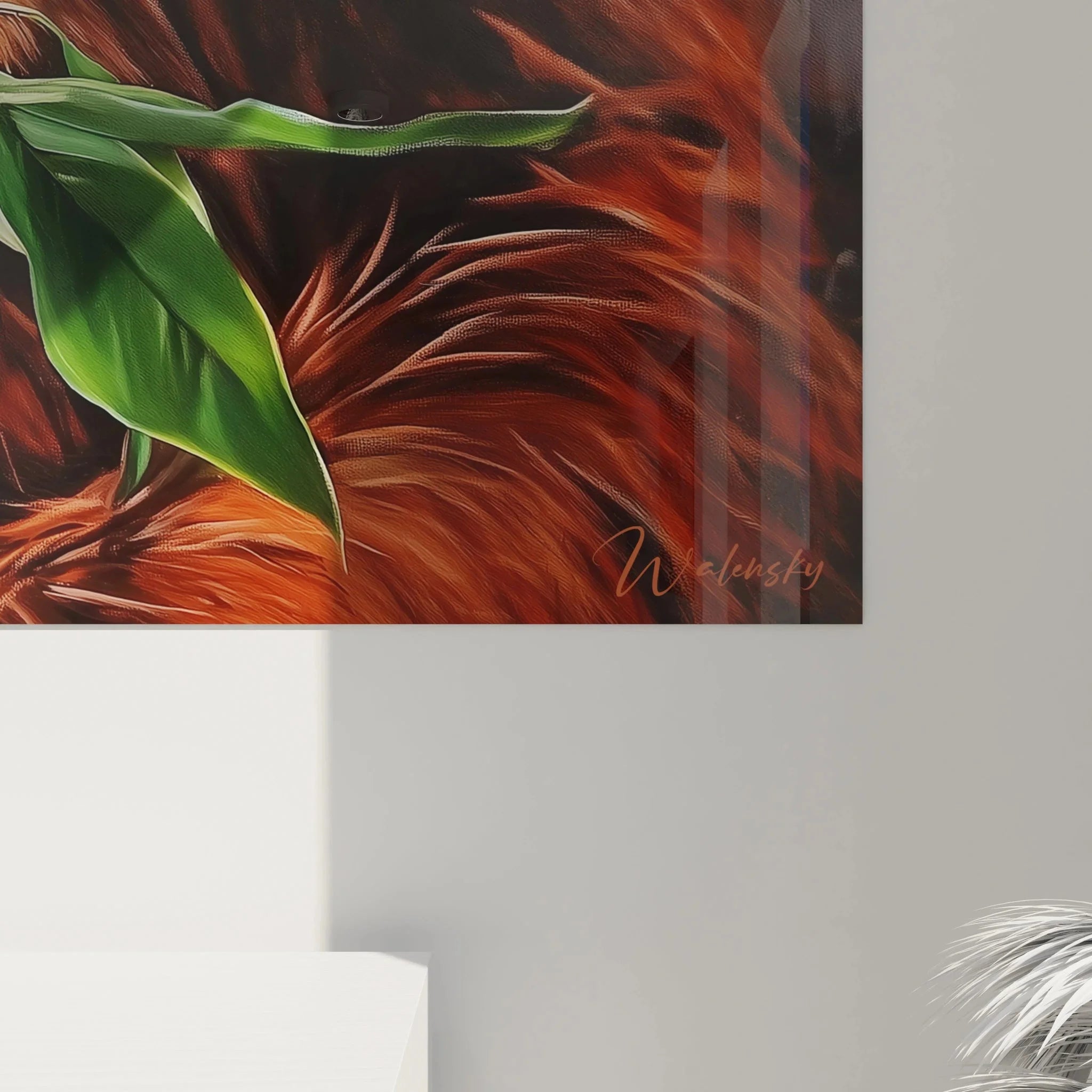 Gesamtansicht Wandbild Orang-Utan mit Blättern - komplette Darstellung des majestätischen Primaten Kunstwerks