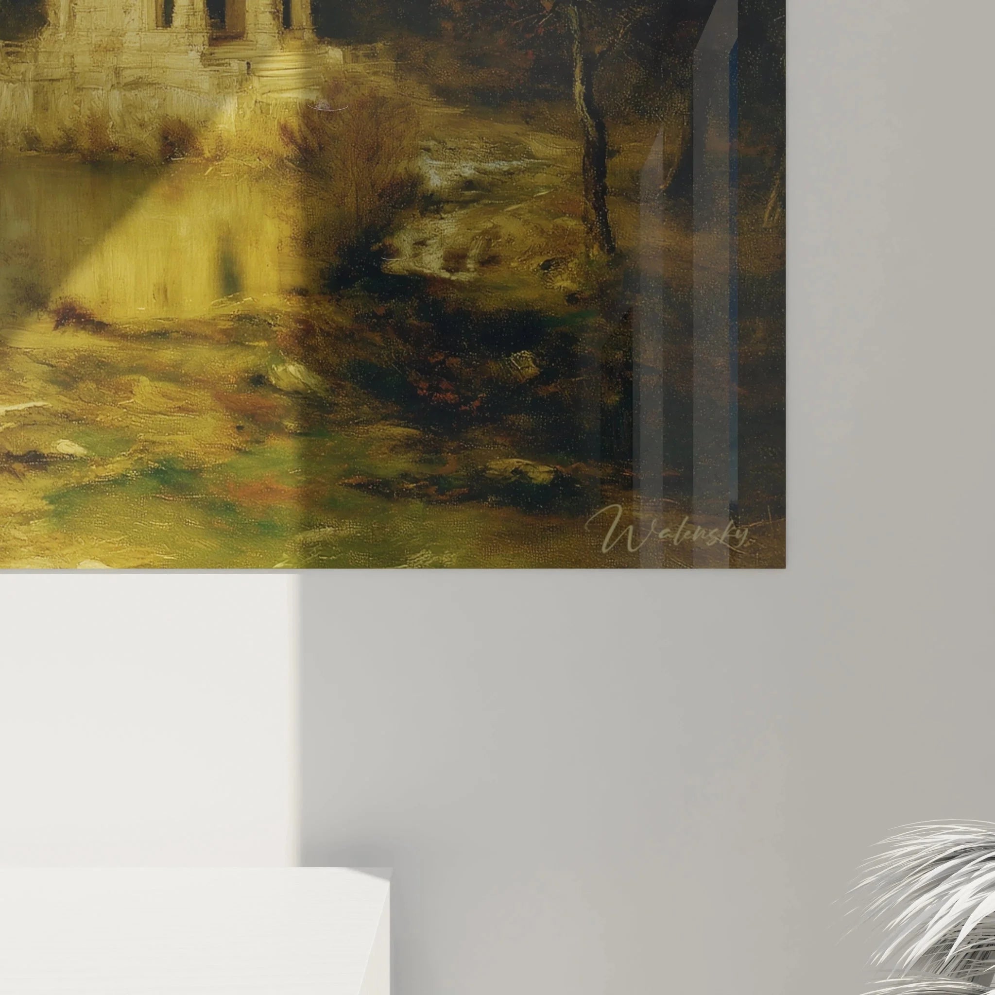 Gesamtansicht Wandbild romantische Landschaft mit Tempel Ruine am See in warmen Erdtönen