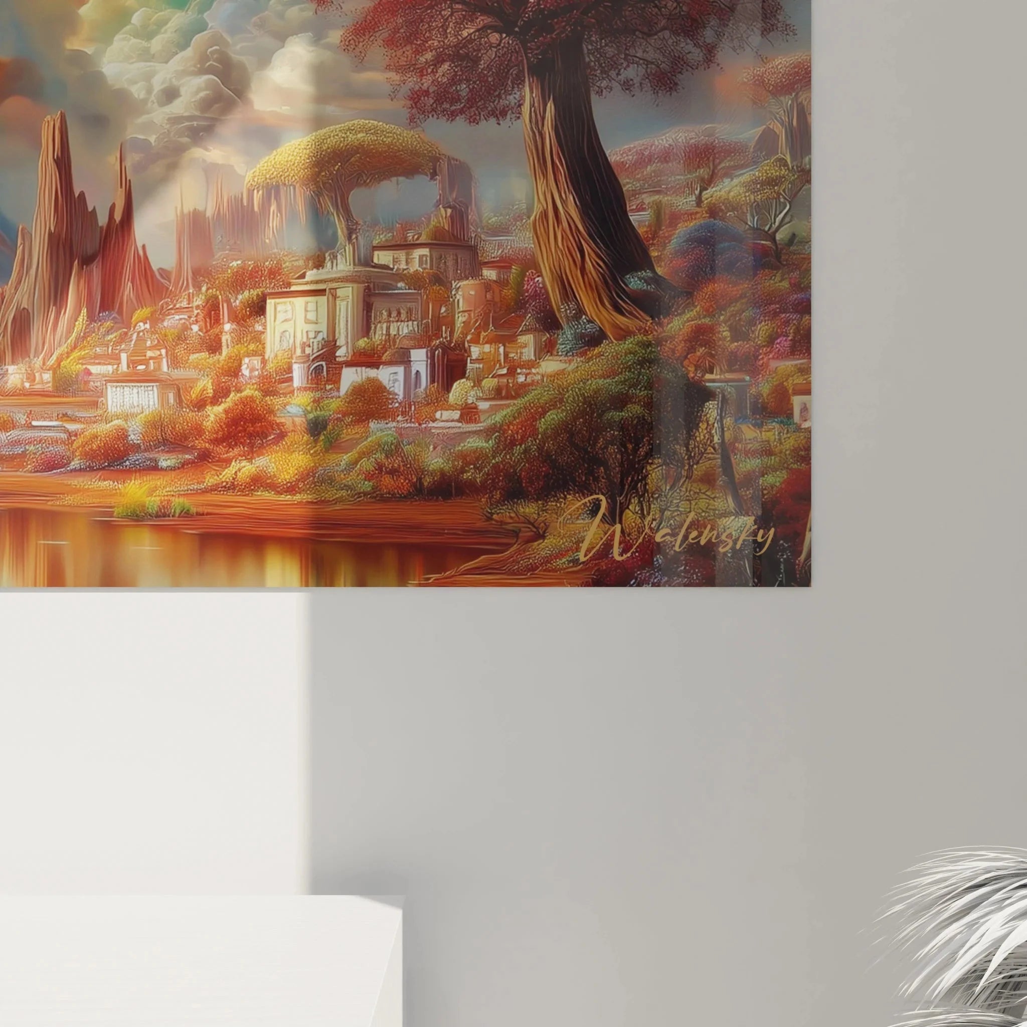 Gesamtansicht Wandbild Surrealismus mit Traumlandschaft, Augen-Motiv und herbstlicher Naturszene