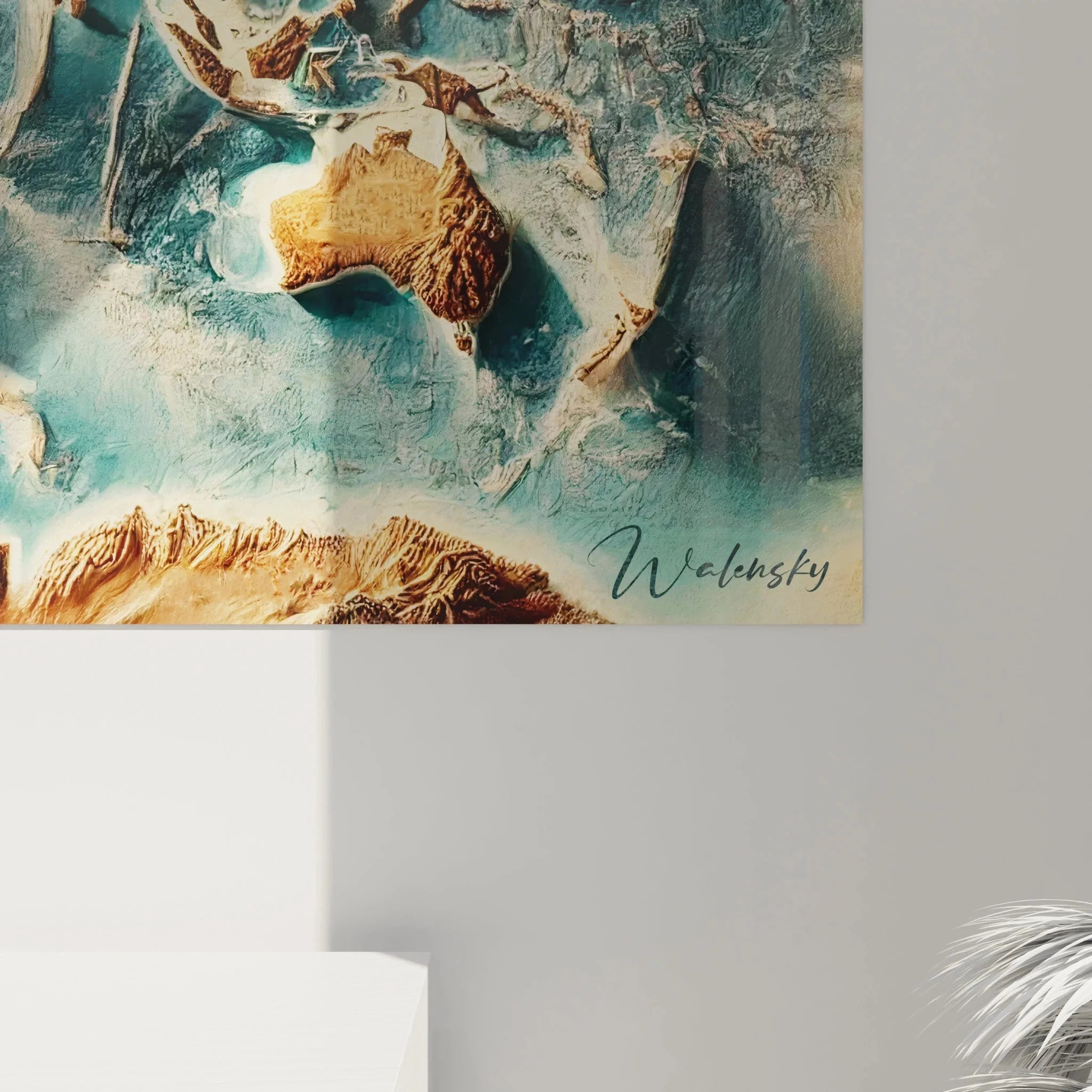 Gesamtansicht dekorative Weltkarte Wandbild mit allen Kontinenten und Ozeanen in Reliefoptik