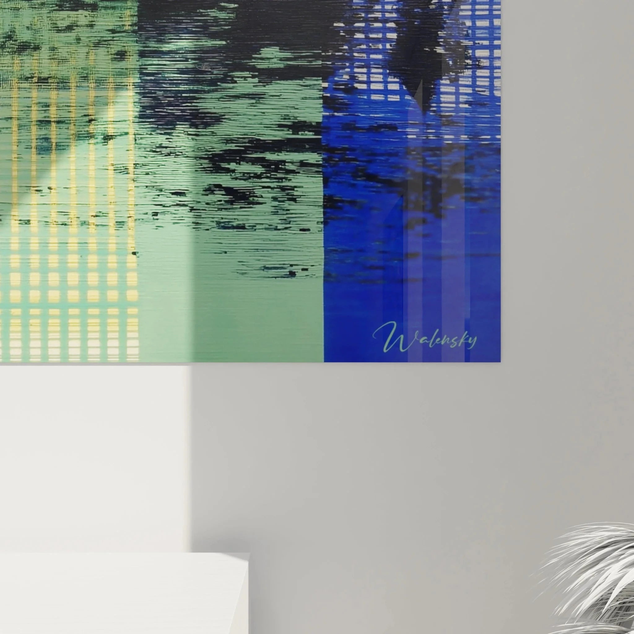 Gesamtansicht abstrakte Kunst Wandbild Op Art Gitterstruktur mit digitalen Transformationseffekten