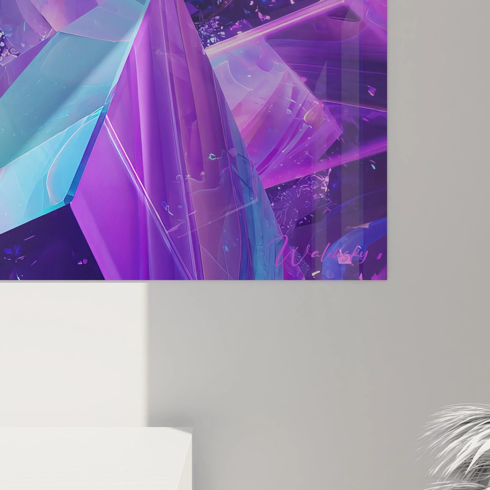 Gesamtansicht des abstrakten Kristall Wandbildes in violetten Tönen der Edition Futurismus