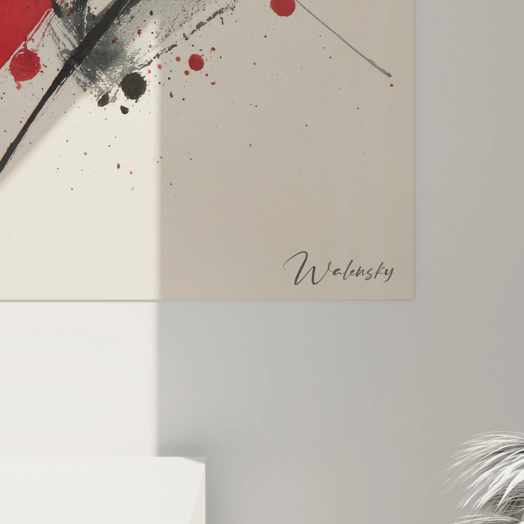 Gesamtansicht des abstrakten Wandbildes mit dynamischen Bewegungen und Farbkontrasten