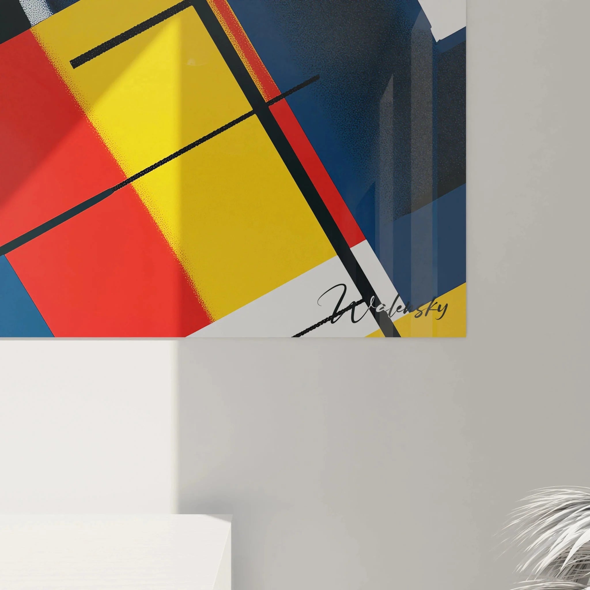 Gesamtansicht abstrakte geometrische Wandkunst Mondrian inspiriert moderne Komposition Wandbild