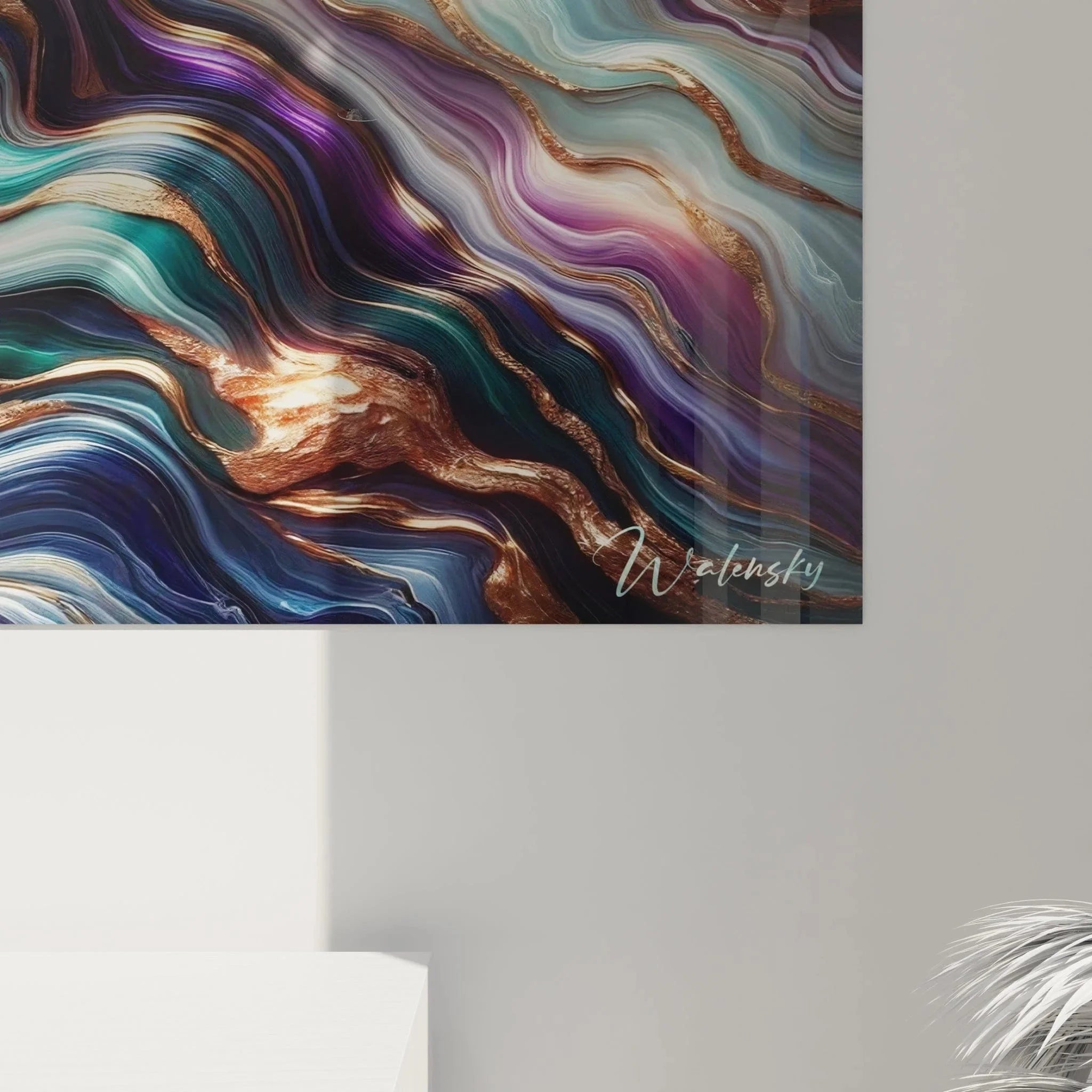 Gesamtansicht des abstrakten Wandbildes mit organischen Wellenformen und Luxus Farbpalette