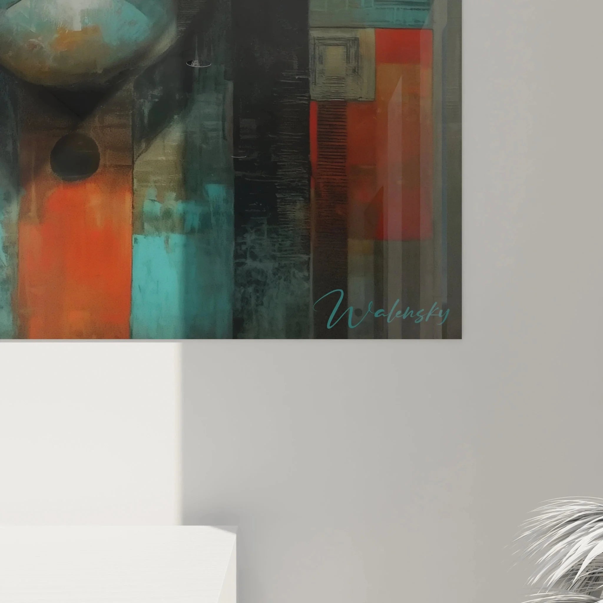 Gesamtansicht abstraktes Buddha Wandbild mit modernen spirituellen Elementen