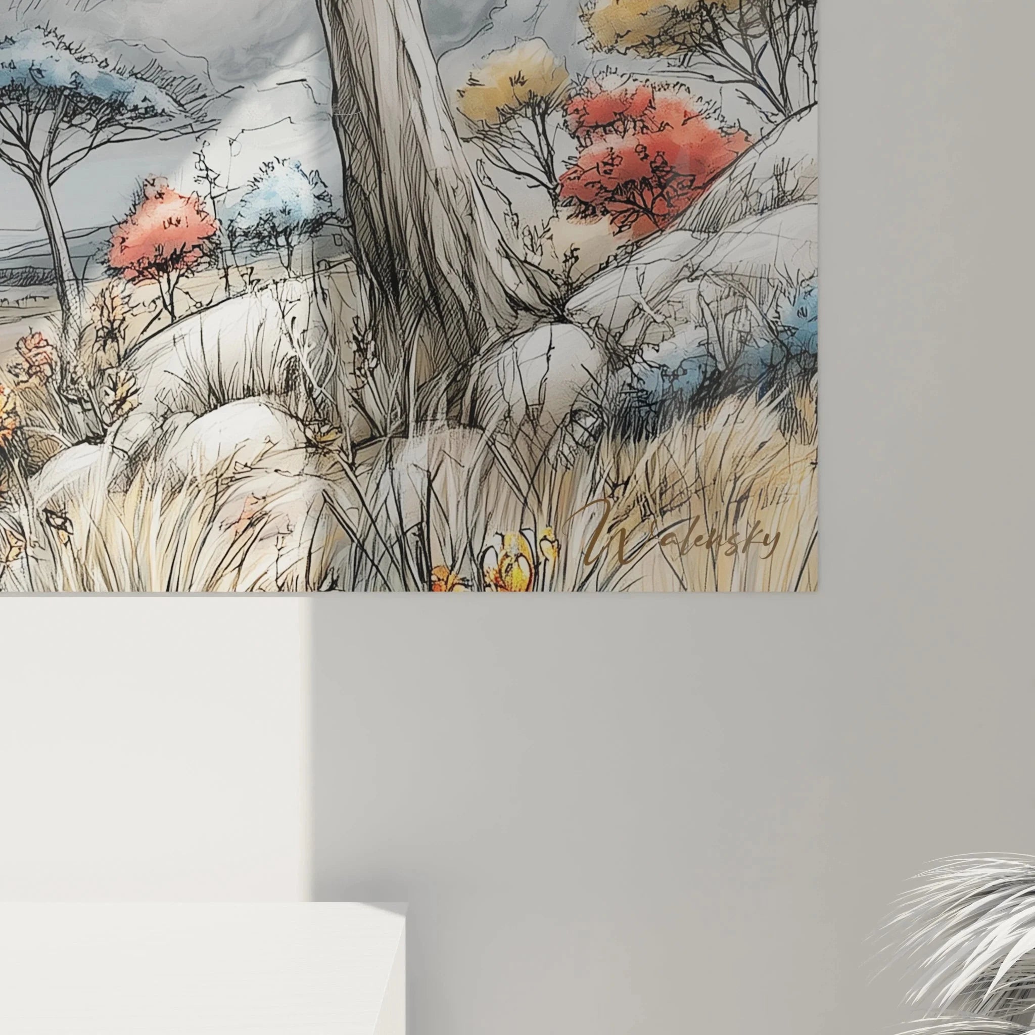 Gesamtansicht Afrika Wandbild - Savanne mit Baobab-Bäumen als moderne Wanddeko für Wohnräume