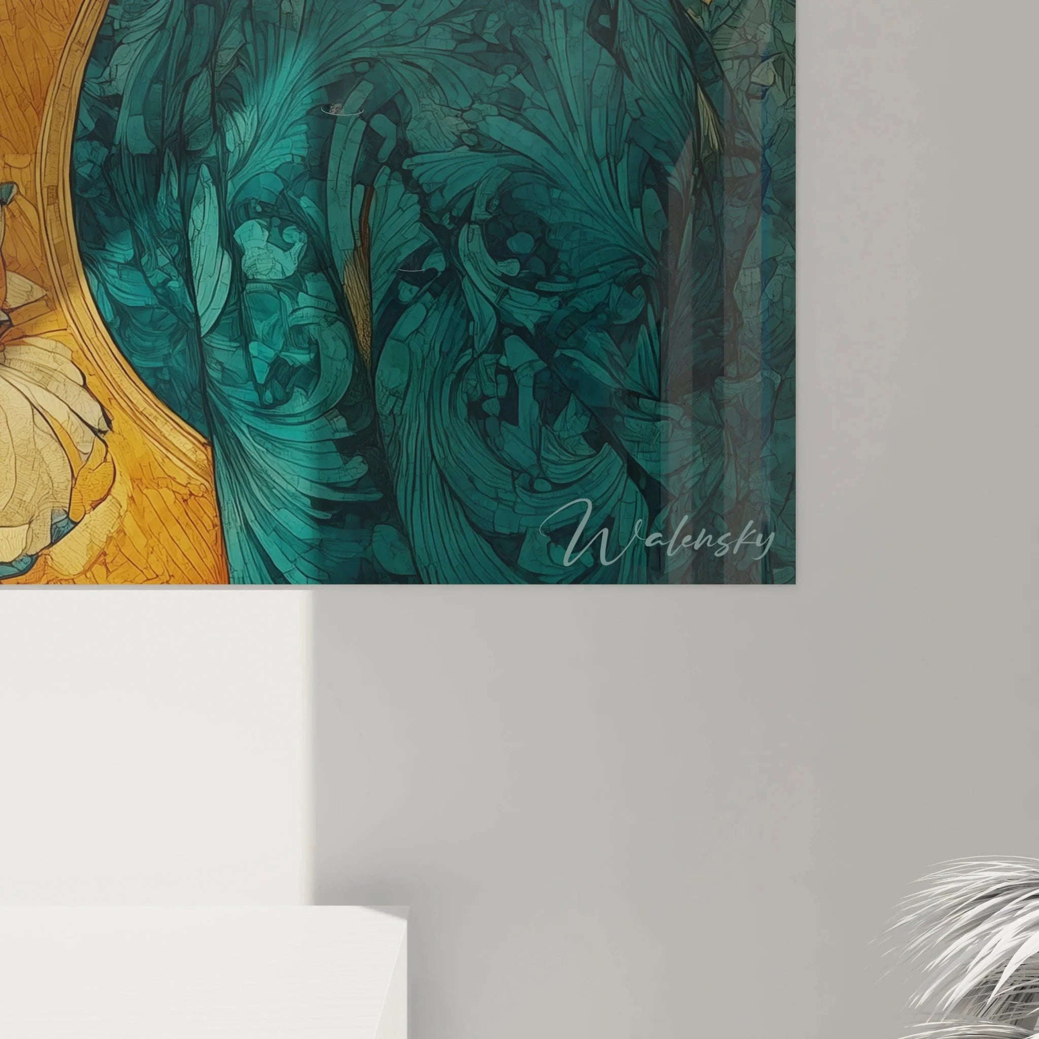 Gesamtansicht Wandbild Art Nouveau Frau Profil türkis Mantel florales Muster Jugendstil