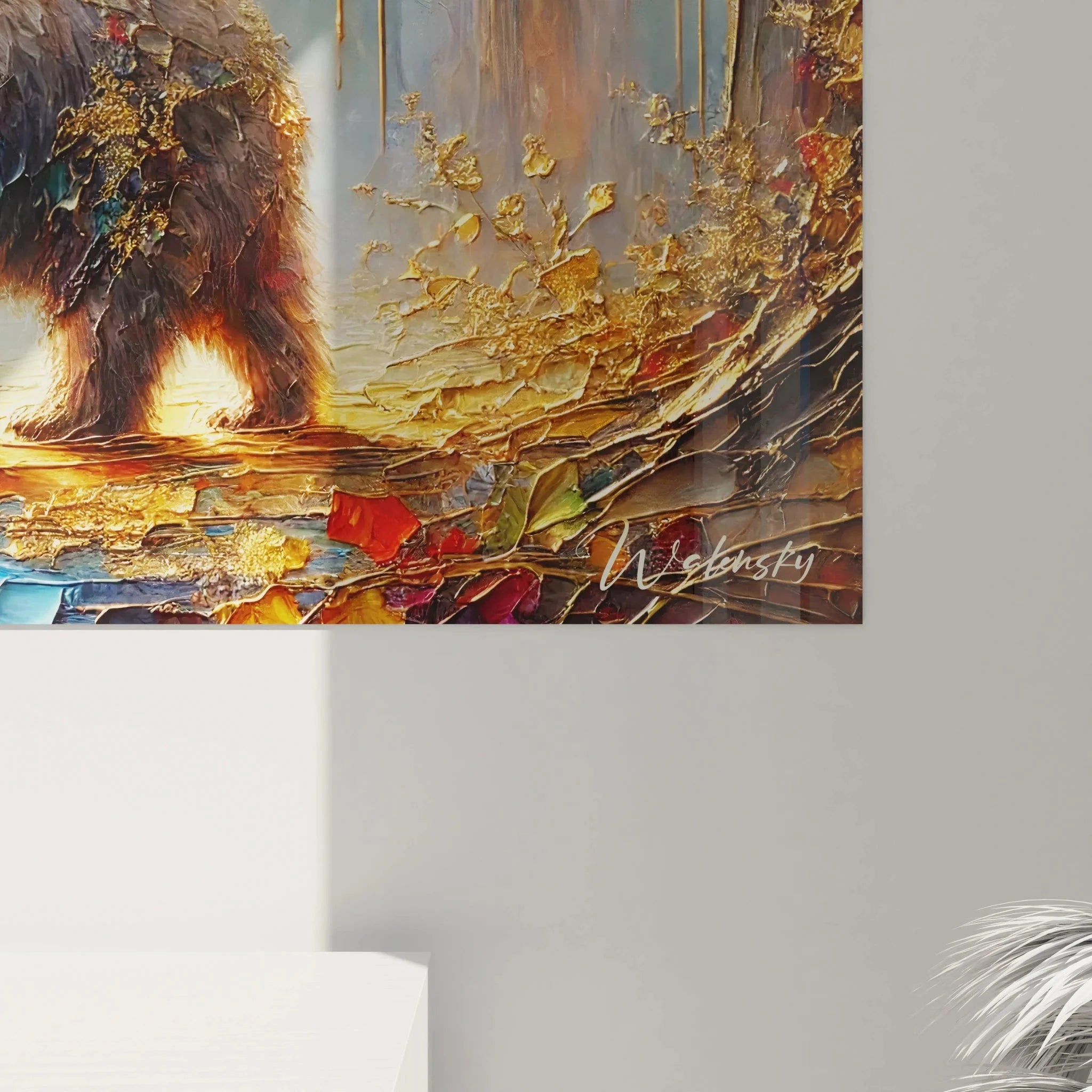 Gesamtansicht Wandbild Braunbär Herbstwald - komplette Waldszene mit Lichteffekten