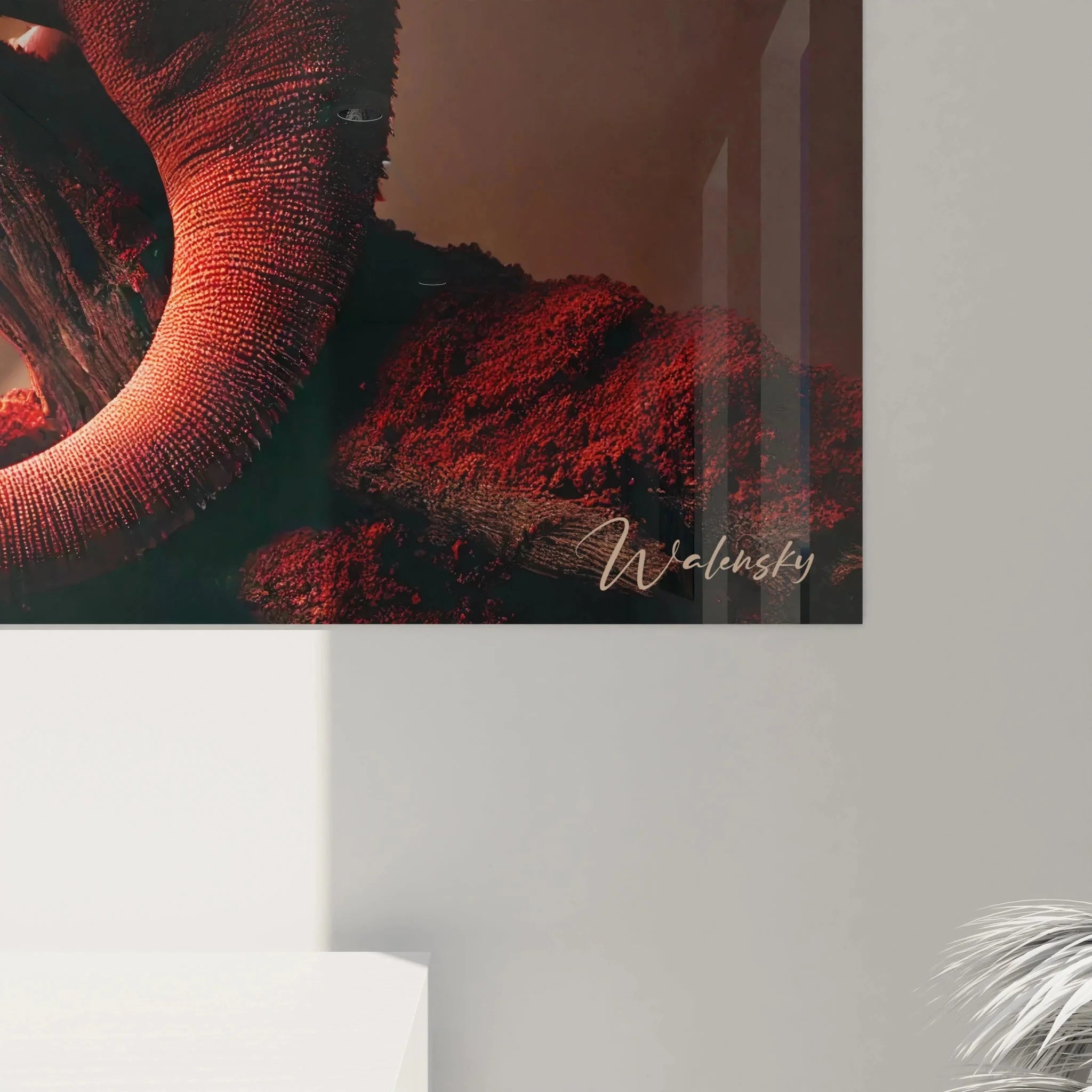 Gesamtansicht Wandbild Chamäleon rot - Komplettes Reptilienmotiv auf Ast mit warmem Lichtspiel im Hintergrund