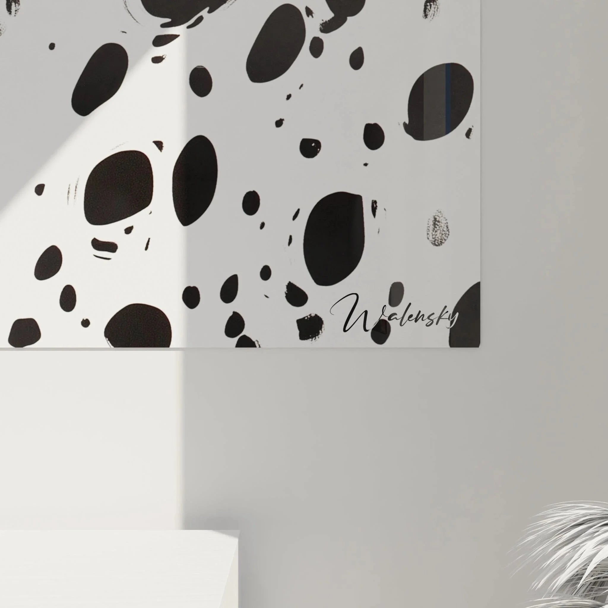 Gesamtansicht des Dalmatiner-Punktmusters, abstrakte Wandkunst in schwarz-weiß Optik